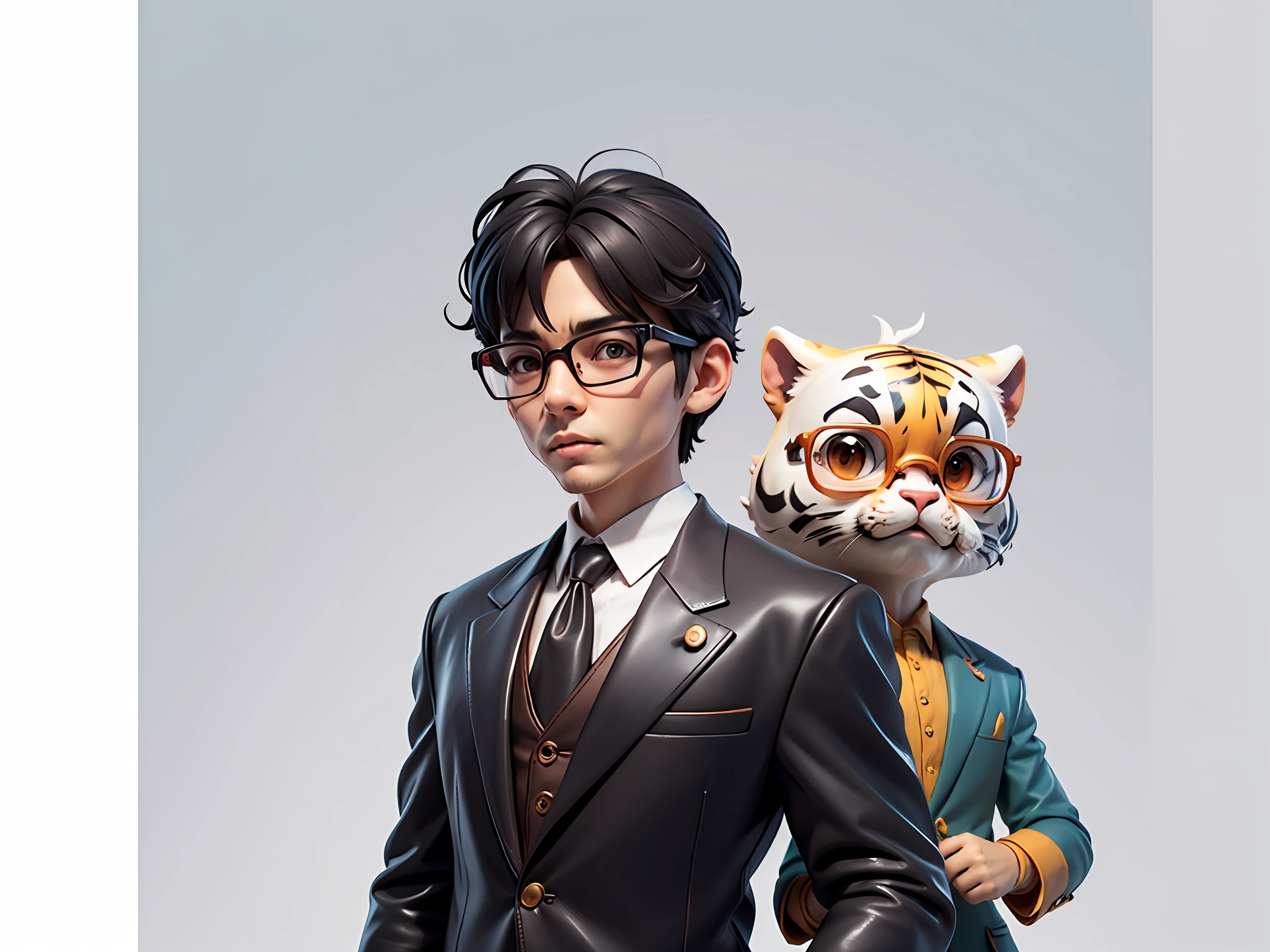 Young man with oriental face in leather hat, tiger, oriental face in formal suit, short black hair, silver glasses, digital painting, 3D character design by Mark Clairedon and Pixar and Hayao Miyazaki and Akira Toriyama, the illustration is a high-definition illustration in 4K resolution with very detailed facial features and cartoon-style visuals.
