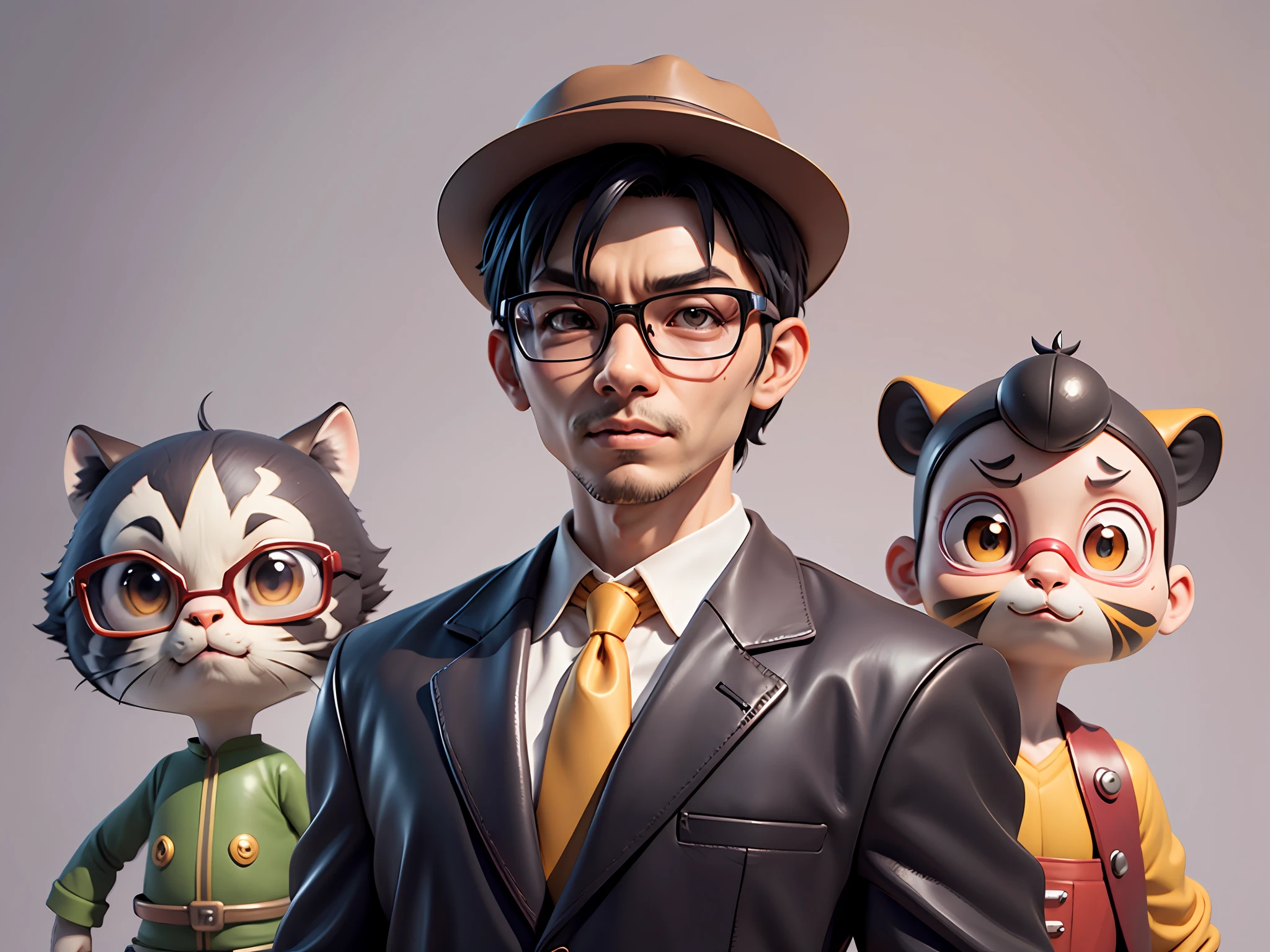 Young man with oriental face in leather hat, tiger, oriental face in formal suit, short black hair, silver glasses, digital painting, 3D character design by Mark Clairedon and Pixar and Hayao Miyazaki and Akira Toriyama, the illustration is a high-definition illustration in 4K resolution with very detailed facial features and cartoon-style visuals.