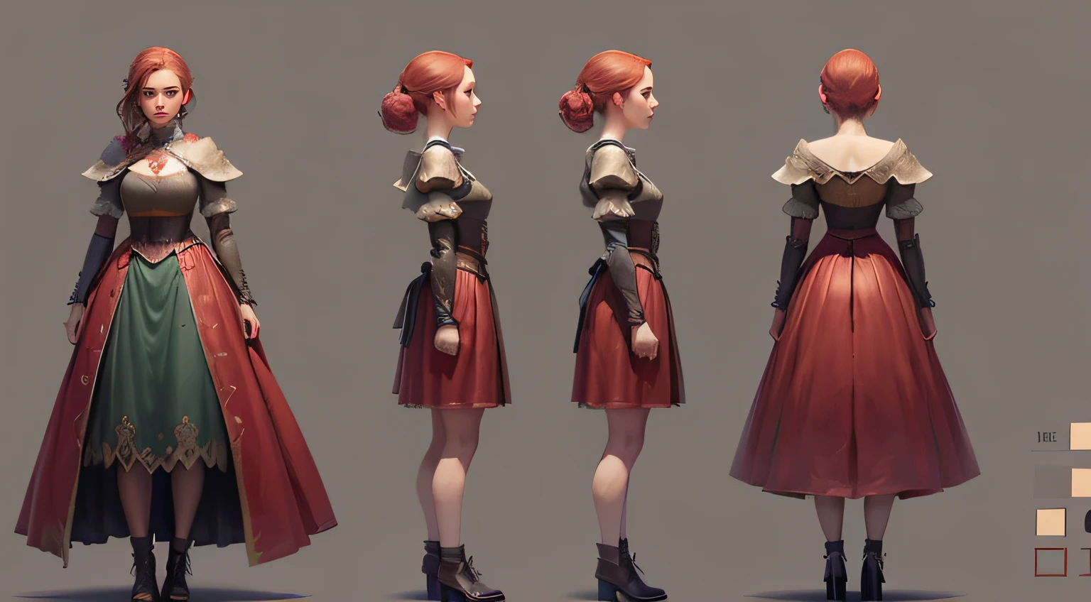 ((melhor qualidade, 8k, obra-prima: 1,3, Award Winner)), bonito jovem cabelo vermelho Um conto de peste Amicia menina usando roupas medievais vista frontal de corpo inteiro, arte conceitual para jogo, folha de modelo para o jogo, ultra realistic --auto