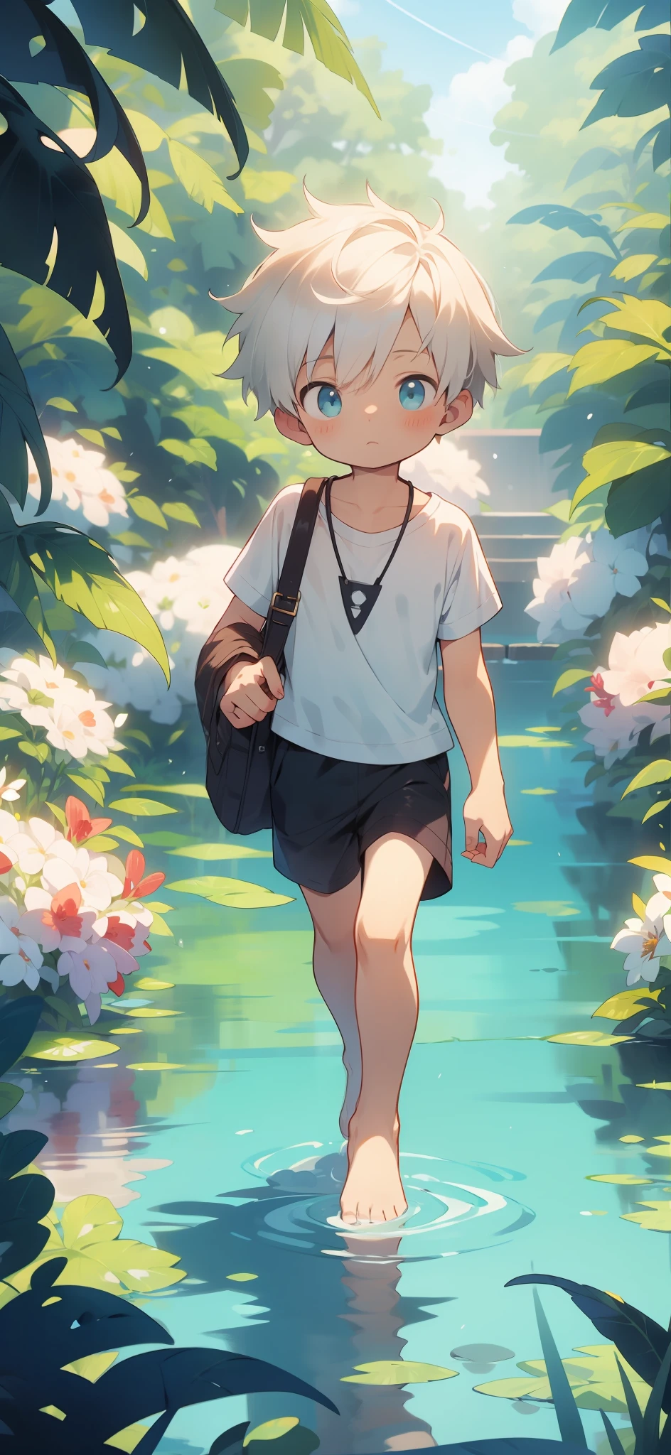White-haired and barefoot little Shota walking in a sea of flowers