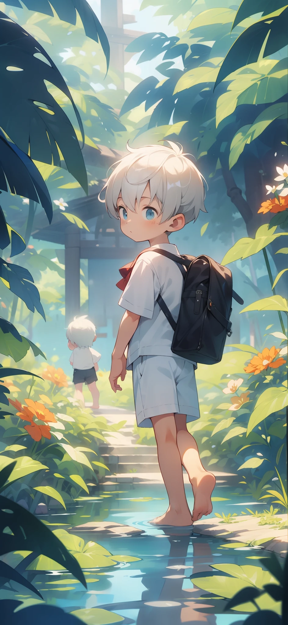 White-haired and barefoot little Shota walking in a sea of flowers