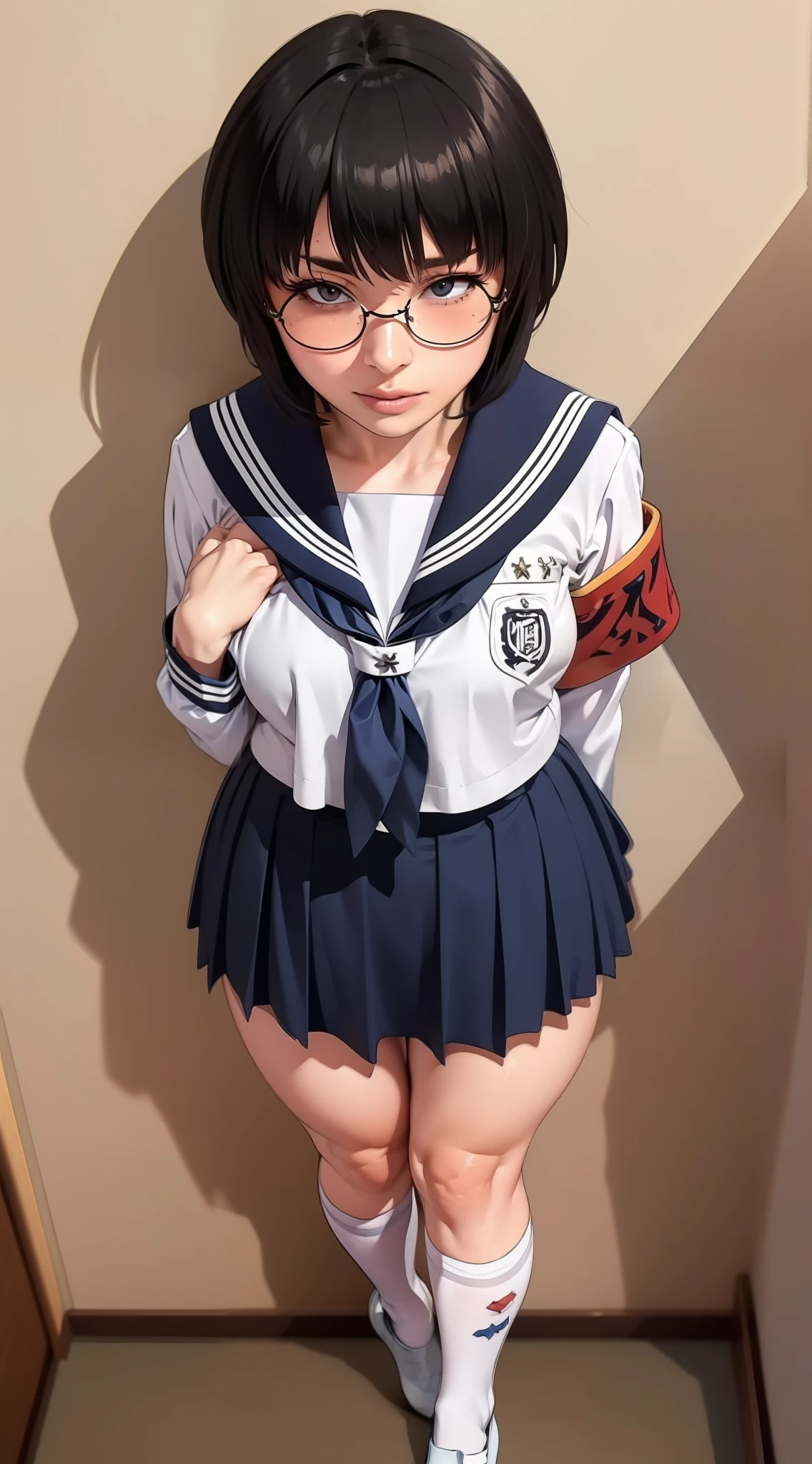 Suzuka, black hair, shirt hair, atarashii gakko!!, white/blue seifuku school outfit, breasts, white sling thong, blue skirt, socks, and ballet shoes, 1girl, wallpaper, sexy, firm ass, front view, standing up, tight skirt, hands placed on her skirt, close up, Kabedon POV, blushing, luscious lips, kiss