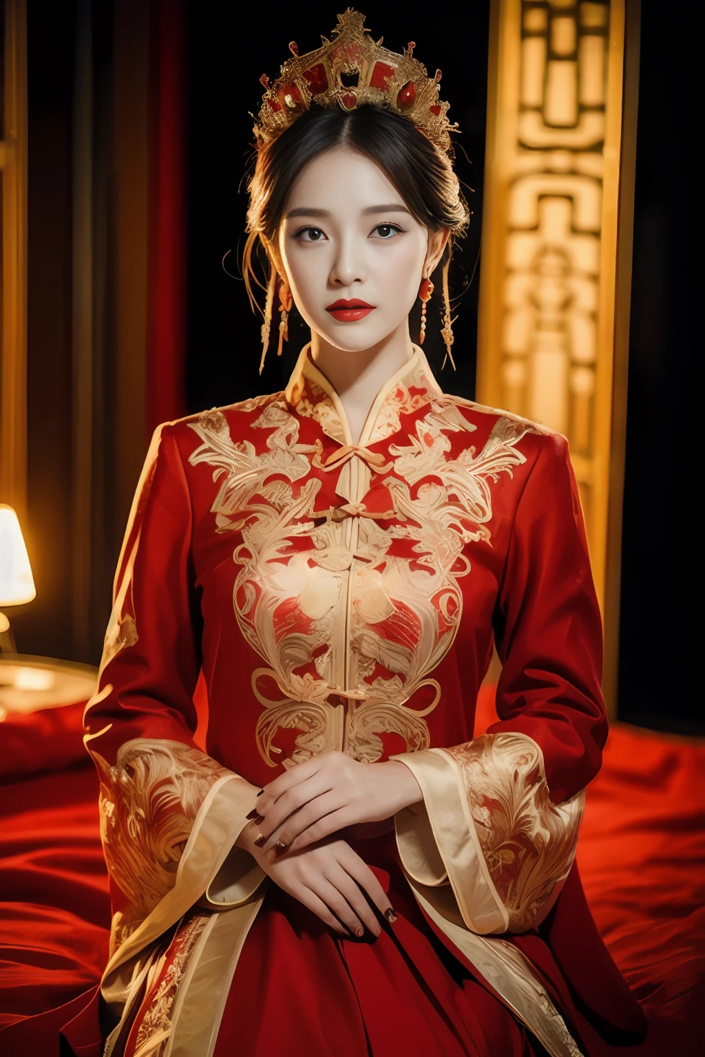 (ultra realistic 8k cg:1.2),Perfect artwork,Delicate pattern,intricately details, (Unbeatable masterpiece,Best quality:1.2),(extremly intricate:1.2),A woman in a red and gold dress, Phoenix crown,hair stick,(sitting on red bed),cosmetics,Blush,Shy,black_Hair, Looking down, cosmetics,(forehead dot),(2 red candles), Chinese_clothes, Curtains, Earrings, Hair_decorations, Hanfu, Indoors, jewelry, Red nails, Long_Sleeves, Red dress, Red lips, nipple tassels, (Red quilt),(red palace:1.2),(Ancient Chinese architecture),(Red:1.8),Night,cinmatic lighting,Dark,