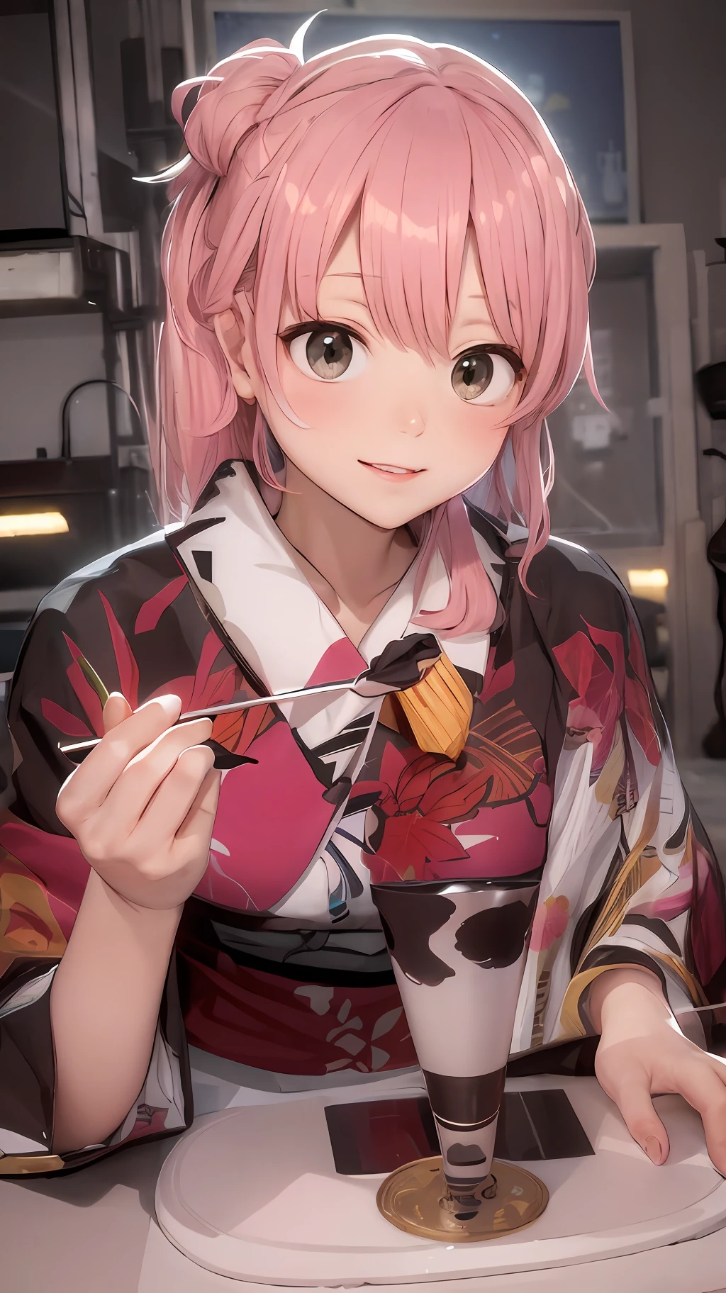 A pink-haired,Suit kimono,hyper HD,The background color is brighter
