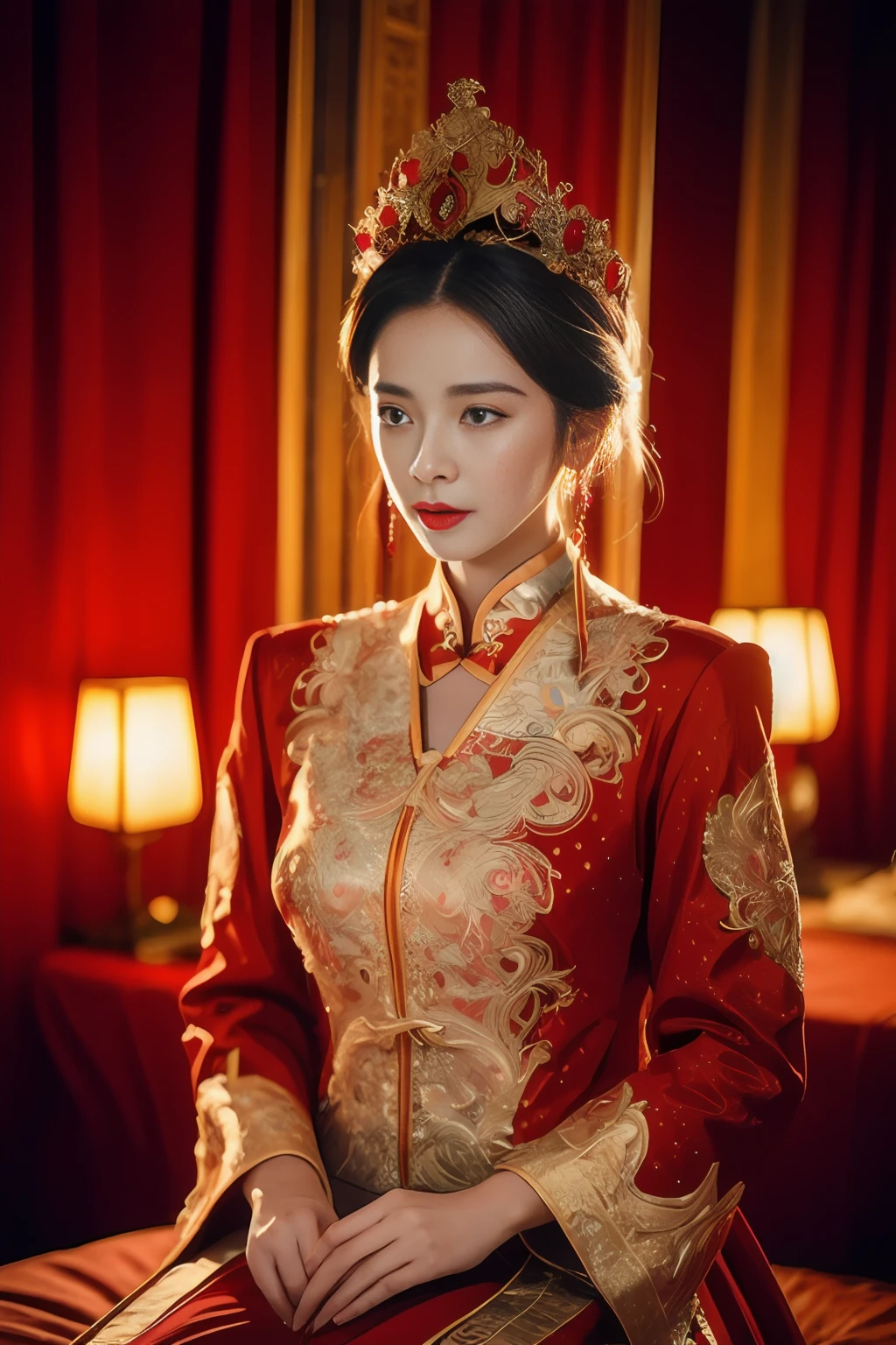 (ultra realistic 8k cg:1.2),Perfect artwork,Delicate pattern,intricately details, (Unbeatable masterpiece,Best quality:1.2),(extremly intricate:1.2),A woman in a red and gold dress, Phoenix crown,hair stick,(sitting on red bed),cosmetics,Blush,Shy,black_Hair, Looking down, cosmetics,(forehead dot),(2 red candles), Chinese_clothes, Curtains, Earrings, Hair_decorations, Hanfu, Indoors, jewelry, Red nails, Long_Sleeves, Red dress, Red lips, nipple tassels, (Red quilt),(red palace:1.2),(Ancient Chinese architecture),(Red:1.8),Night,cinmatic lighting,Dark,