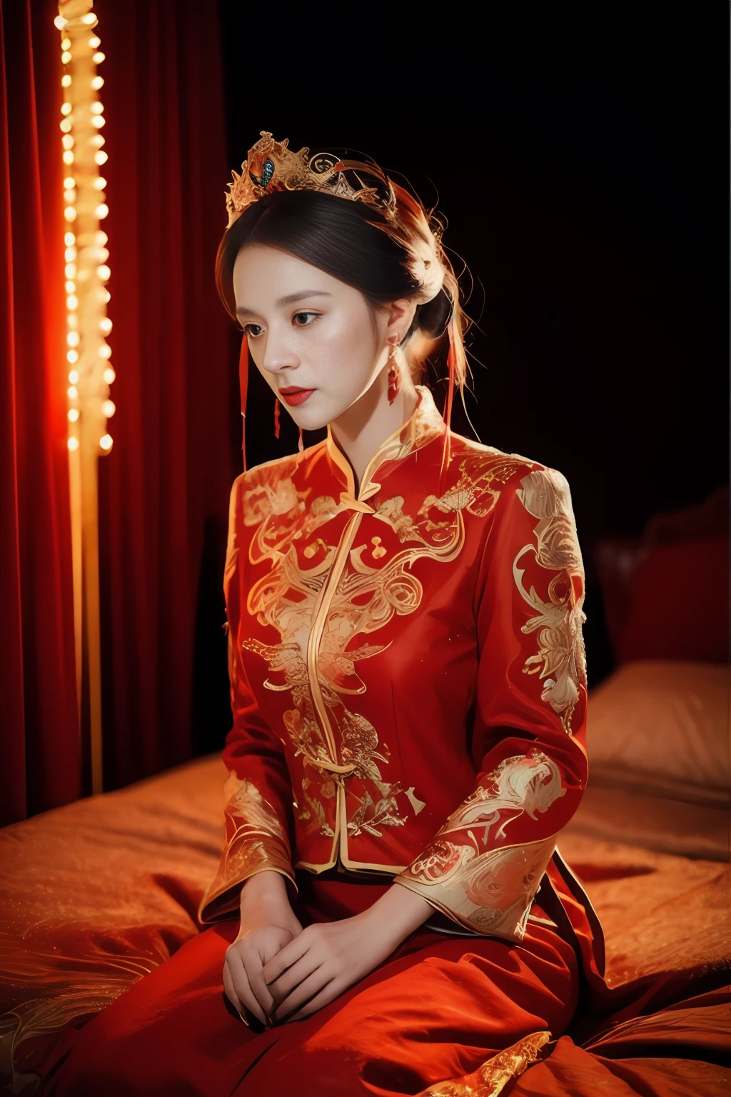 (ultra realistic 8k cg:1.2),Perfect artwork,Delicate pattern,intricately details, (Unbeatable masterpiece,Best quality:1.2),(extremly intricate:1.2),A woman in a red and gold dress, Phoenix crown,hair stick,(sitting on red bed),cosmetics,Blush,Shy,black_Hair, Looking down, cosmetics,(forehead dot),(2 red candles), Chinese_clothes, Curtains, Earrings, Hair_decorations, Hanfu, Indoors, jewelry, Red nails, Long_Sleeves, Red dress, Red lips, nipple tassels, (Red quilt),(red palace:1.2),(Ancient Chinese architecture),(Red:1.8),Night,cinmatic lighting,Dark,