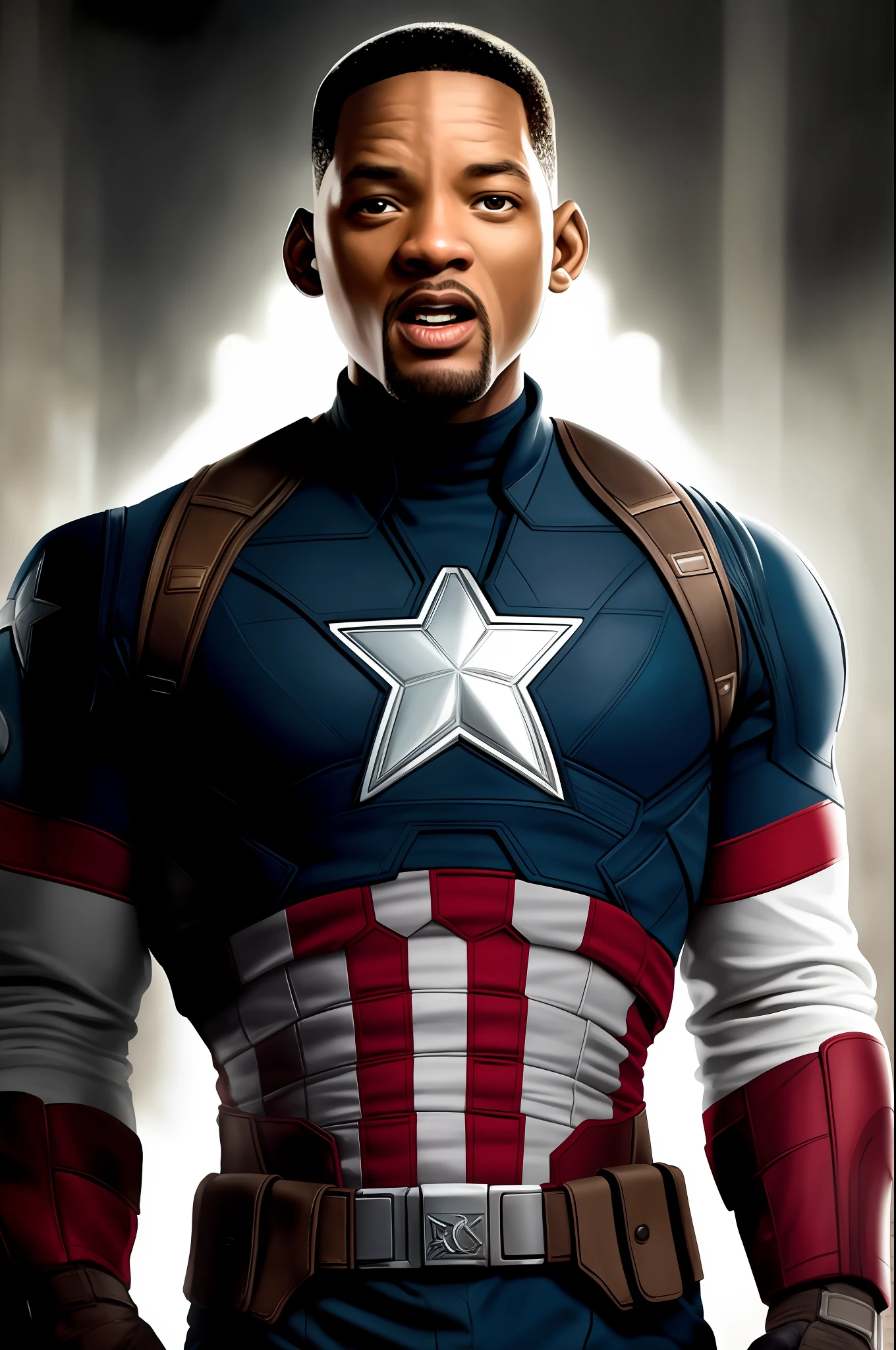 Tarantino style, Will Smith as Captain America 8k, high definition, detailed face, detailed face, detailed eyes, detailed suit, in style of marvel and dc, hyper-realistic, + cinematic shot + dynamic composition, incredibly detailed, sharpen, details + superb details + evening with light + perfectionism + award winning realism ((moody lighting)),(upper body)