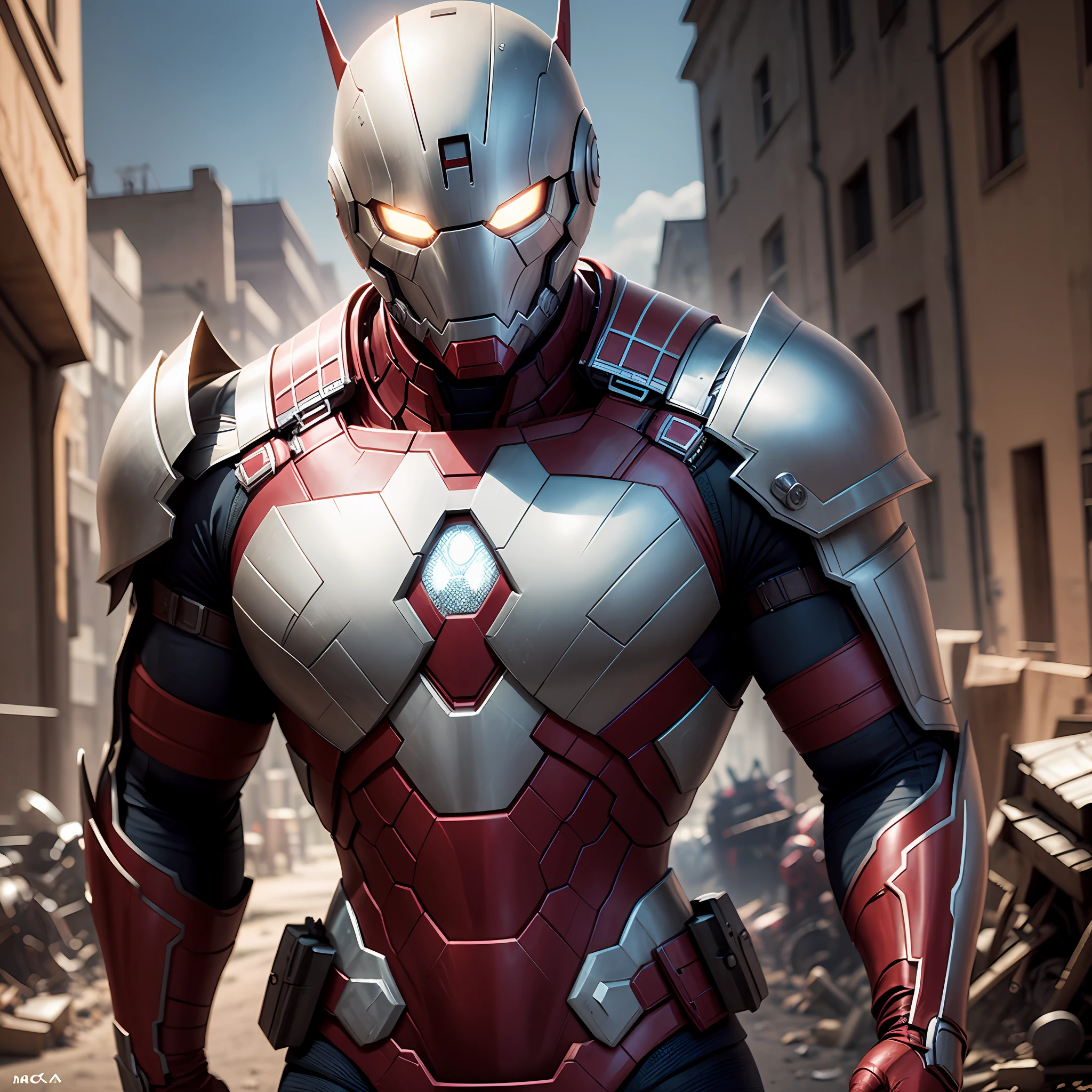 Homem de ferro, foto hiperrealista, cinemactic, armadura real da marvel, Background buildings (imagem opaca) --auto