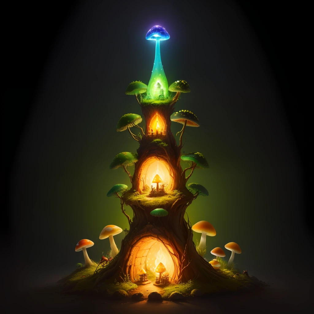 whimsical glowy mushroom anthill, fantasy, realistic, ants, anthill, mystical
