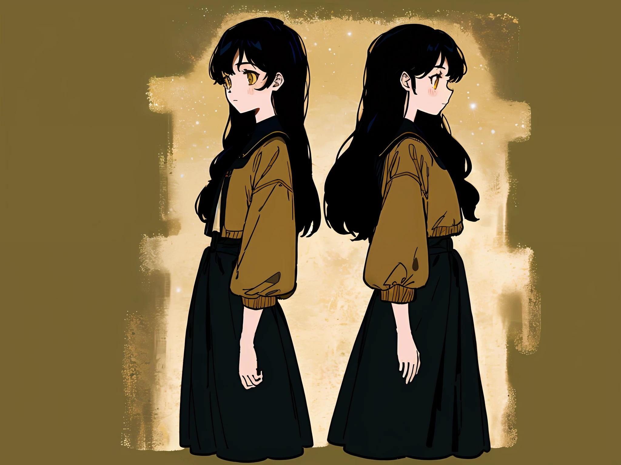 "(Best picture quality),illustration,one-girl,Character design version,Characters that are identical on three sides of the front and back,Hairstyles:flowing long black hair,Gold eyes,enviroment/Background with:Starry sky at night,Tall and tall,femele,Brown jacket,White color blouse,Loose black trousers,simplebackground,White background weight+1.3,charturnbetalora".