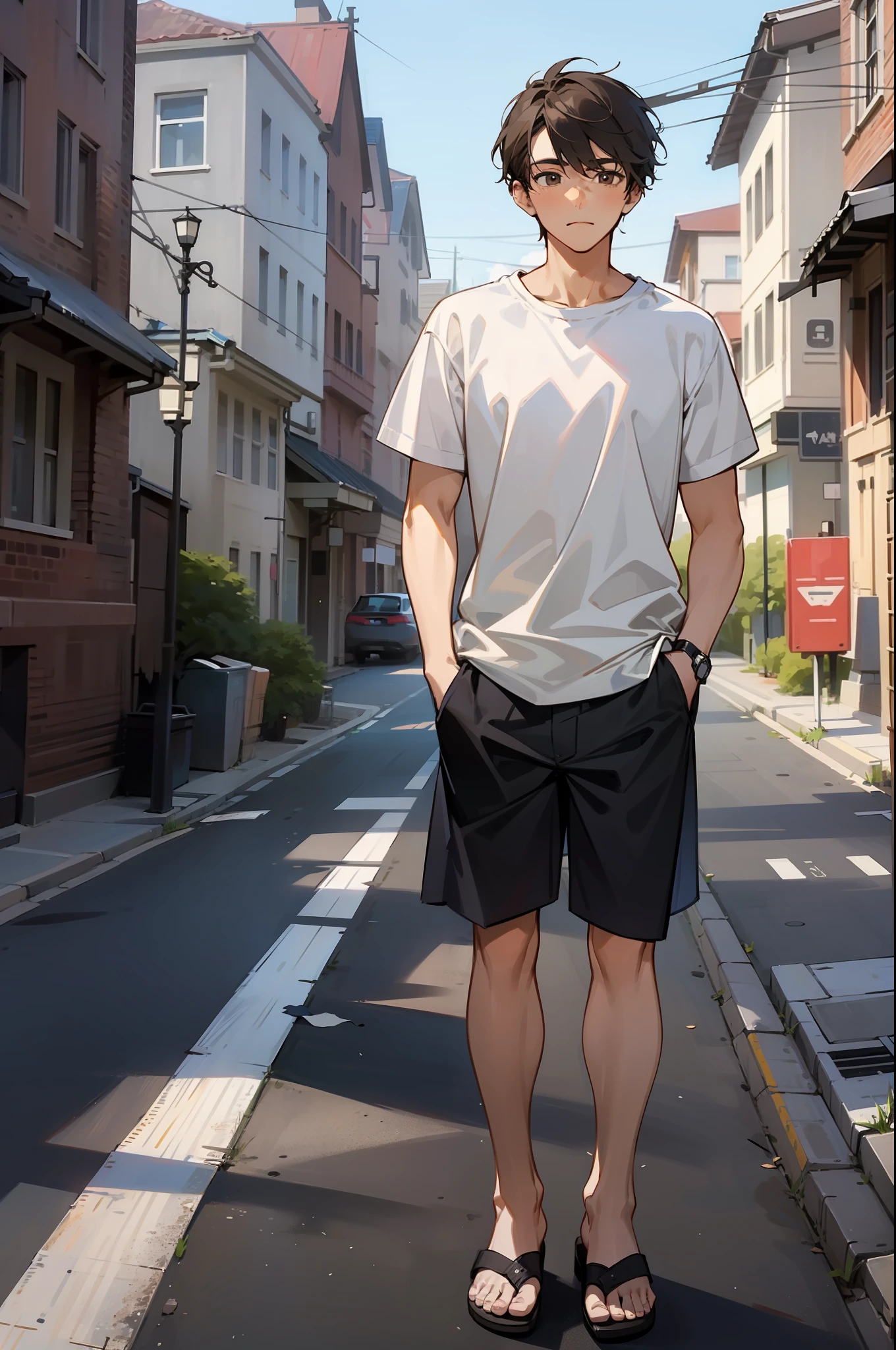 Young man standing tall against the wind,wearing light shirt,Pedal sandals,Get out of the neighborhood