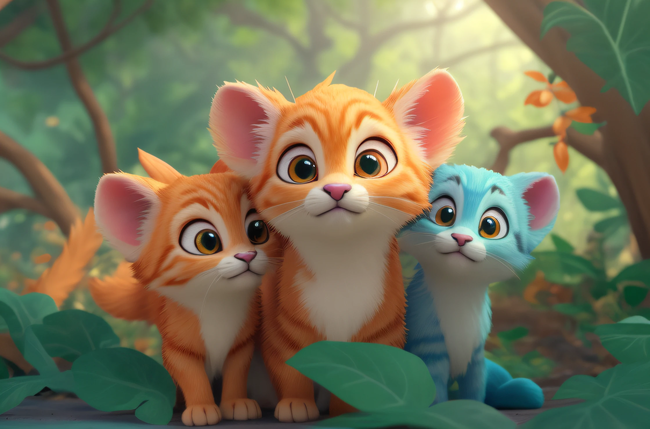Hay tres gatos sentados juntos en la jungla juntos, Adorable pintura digital, Lindo renderizado 3D, Lindo arte digital detallado, Lindo arte digital, El gato Bambi de Disney, 3D render estilizado, Arte infantil en ArtStation, lindas ilustraciones, Arte renderizado, in style of disney animation, Fanart, Escena realista, lindo estilo de dibujos animados, 3 d animated movie, CG 3D