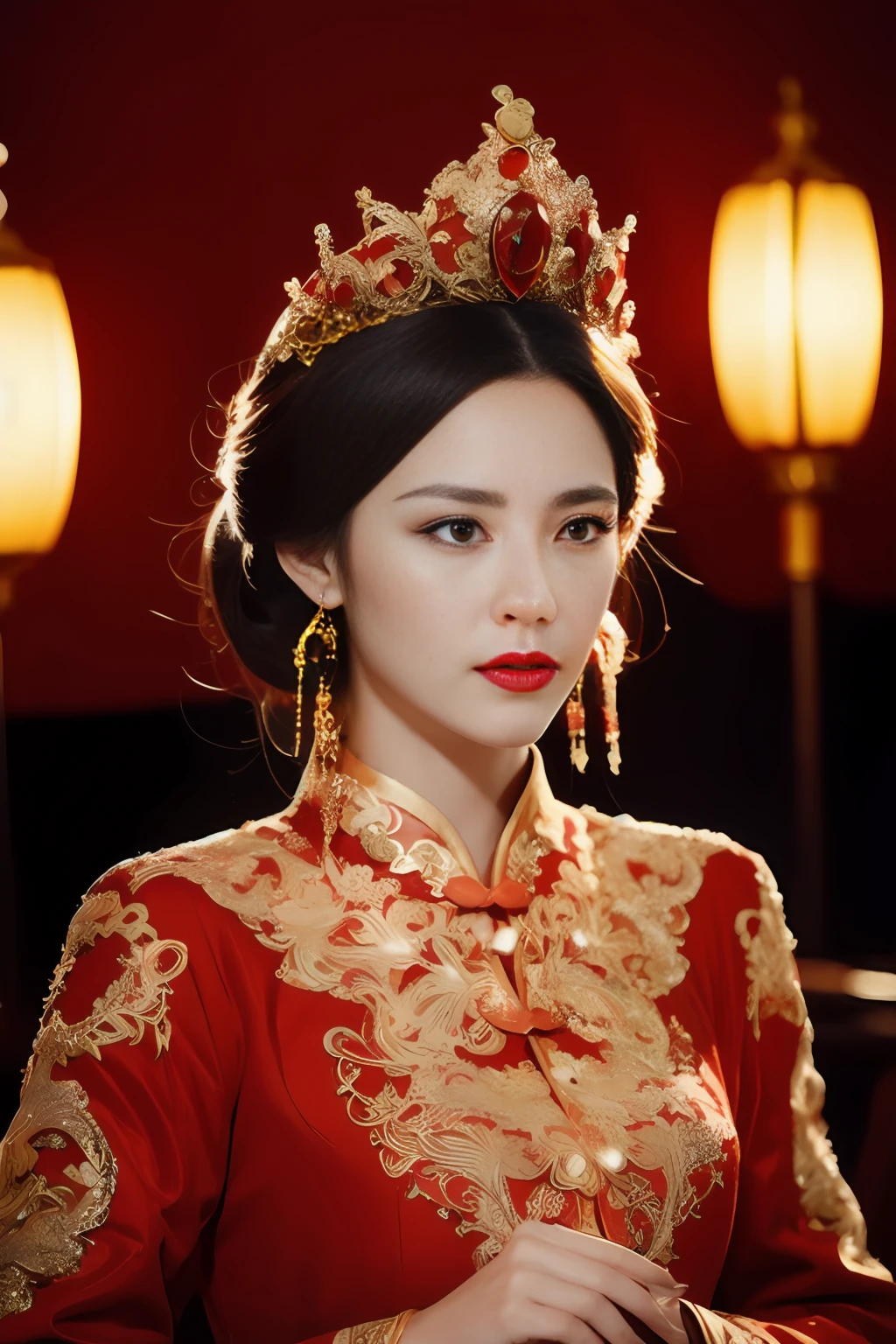 (ultra realistic 8k cg:1.2),Perfect artwork,Delicate pattern,intricately details, (Unbeatable masterpiece,Best quality:1.2),(extremly intricate:1.2),A woman in a red and gold dress, Phoenix crown,hair stick,(sitting on red bed),cosmetics,Blush,Shy,black_Hair, Looking down, cosmetics,(forehead dot),(2 red candles), Chinese_clothes, Curtains, Earrings, Hair_decorations, Hanfu, Indoors, jewelry, Red nails, Long_Sleeves, Red dress, Red lips, nipple tassels, (Red quilt),(red palace:1.2),(Ancient Chinese architecture),(Red:1.8),Night,cinmatic lighting,Dark,