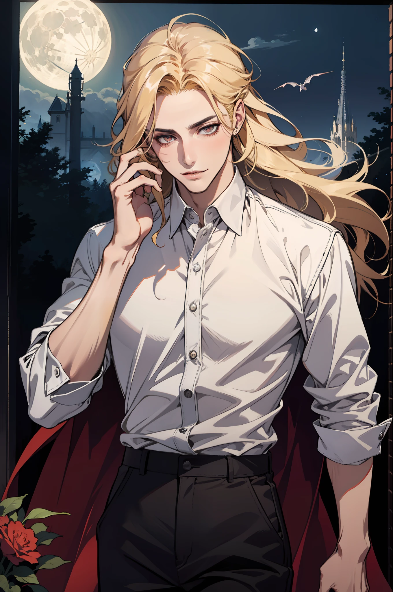 (absurdres, highres, ultra detailed), 1man, 30 years old man, adult man, handsome, tall,, finely detailed eyes and detailed face, leather pants, (((white shirt))), night, smile, dutch angle, ((long hair, blonde hair)), moon, gold details, gothic, vampire, vampire prince, dark, simple clothes, looking at the view, pale skin, red detailed eyes, (masculine), sexy, elegant, long bangs, detailed hands