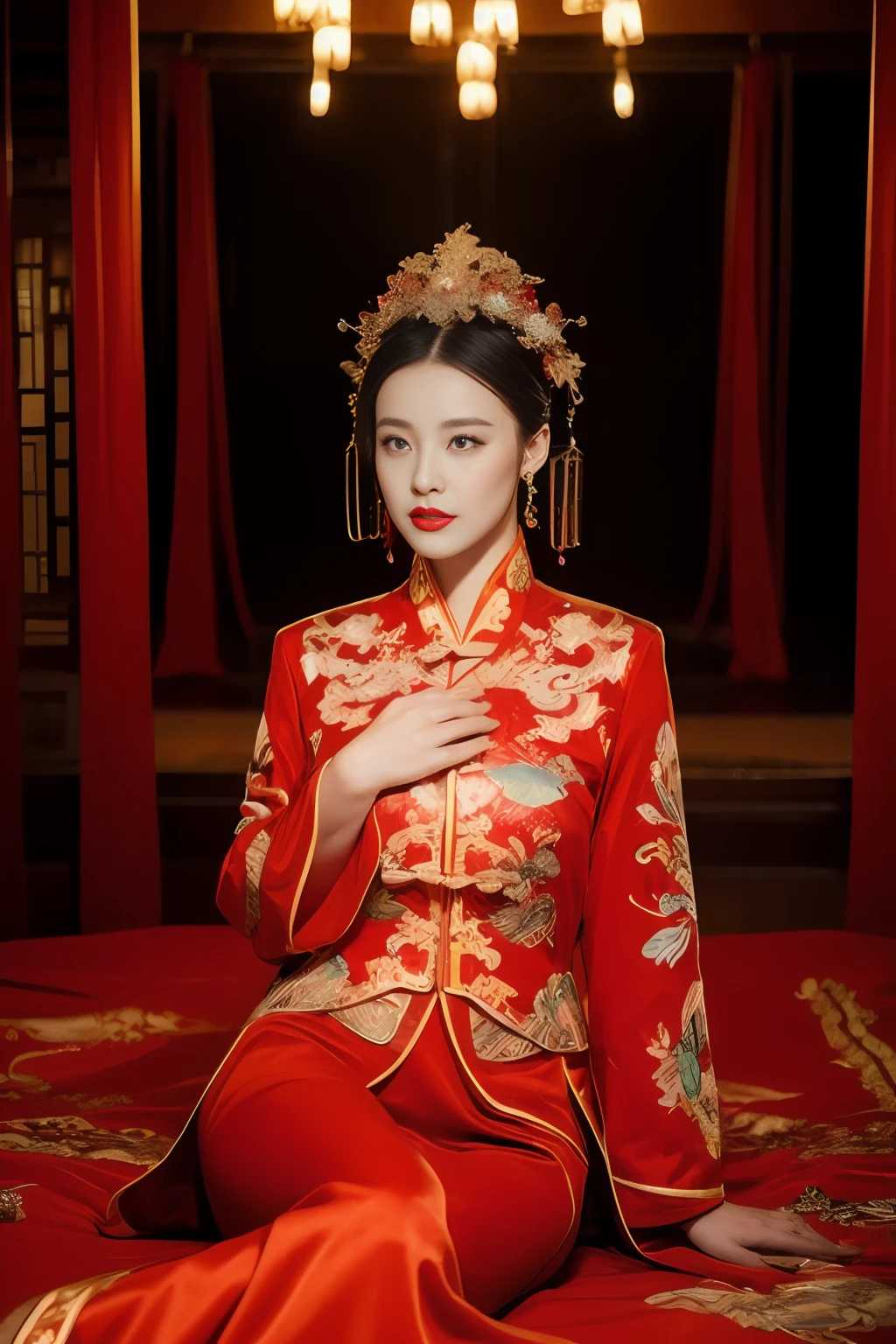 (ultra realistic 8k cg:1.2),Perfect artwork,Delicate pattern,intricately details, (Unbeatable masterpiece,Best quality:1.2),(extremly intricate:1.2),A woman in a red and gold dress, Phoenix crown,hair stick,(sitting on red bed),cosmetics,Blush,Shy,black_Hair, Looking down, cosmetics,(forehead dot),(2 red candles), Chinese_clothes, Curtains, Earrings, Hair_decorations, Hanfu, Indoors, jewelry, Red nails, Long_Sleeves, Red dress, Red lips, nipple tassels, (Red quilt),(red palace:1.2),(Ancient Chinese architecture),(Red:1.8),Night,cinmatic lighting,Dark,