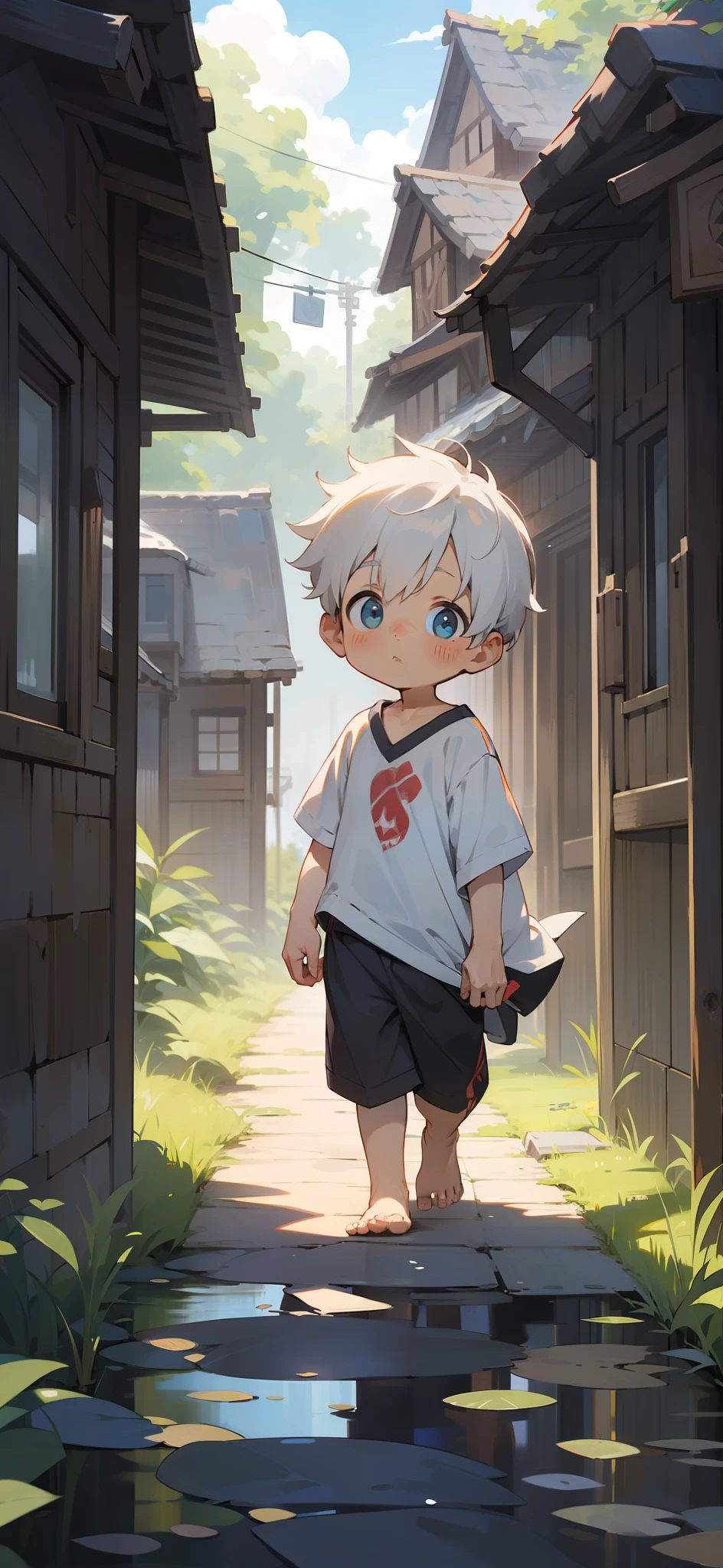 White-haired barefoot little Shota walking on a country road，villages