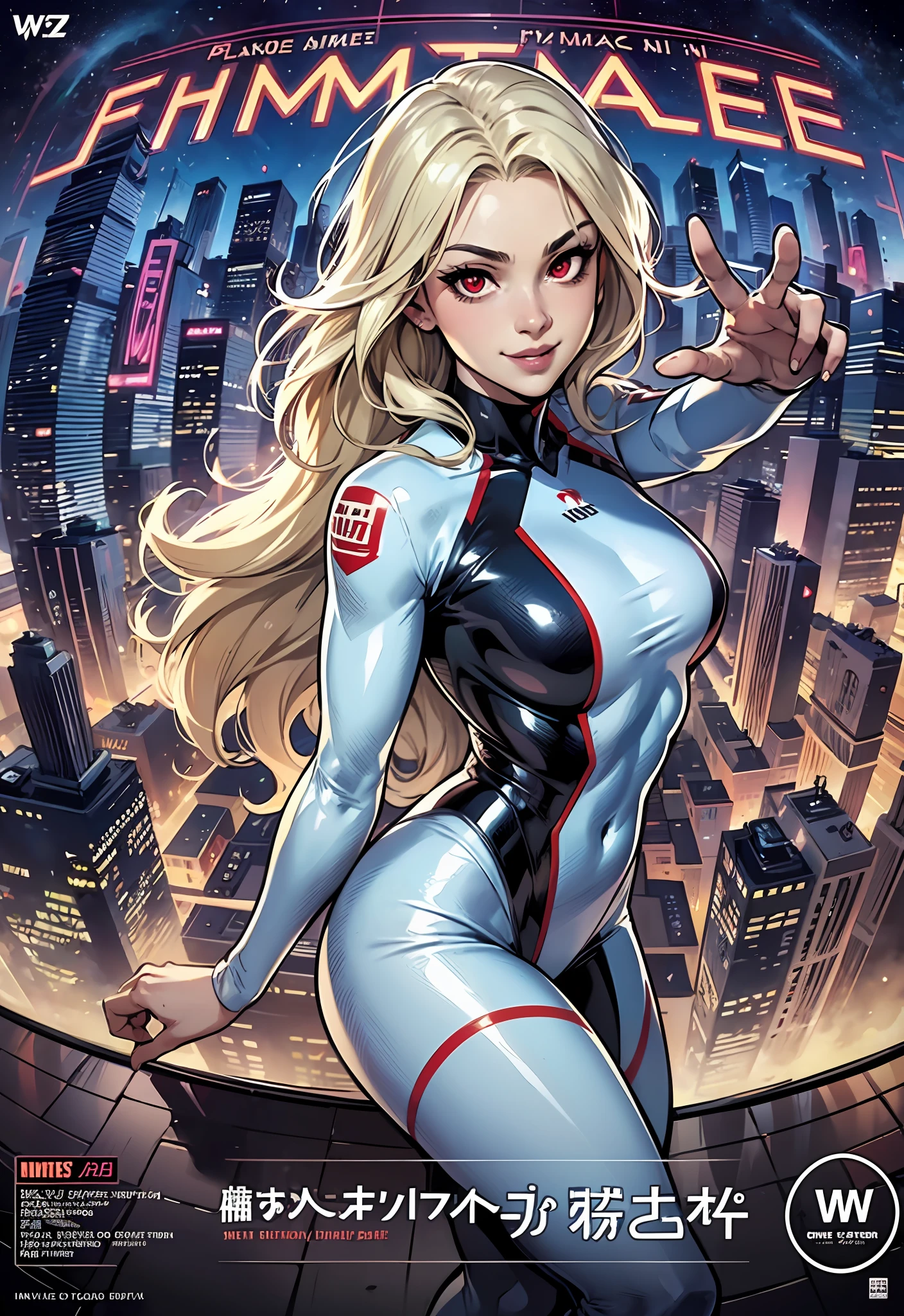 ((Dynamic Angle)), ((((Overhead view)))), (((Fisheye))), (((((Hands Behind Back))))), (canny smile), (athletic), ((dynamic pose)), 1girl, (((solo))), ((Movie poster)), ((platinum blonde)), (Wavy Hair), (((red eyes))), (red costume|White costume|blue costume), (Straps), (superhero suit), night time, City, neon light, the wind, ((magazine cover)), ((comic cover)), ((manga cover)), (((big text))), ((big title)), ((many inscriptions)), lettering