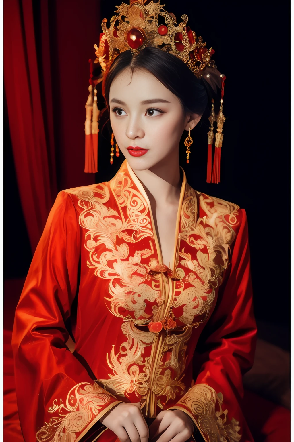 (ultra realistic 8k cg:1.2),Perfect artwork,Delicate pattern,intricately details, (Unbeatable masterpiece,Best quality:1.2),(extremly intricate:1.2),A woman in a red and gold dress, Phoenix crown,hair stick,(sitting on red bed),cosmetics,Blush,Shy,black_Hair, Looking down, cosmetics,(forehead dot),(2 red candles), Chinese_clothes, Curtains, Earrings, Hair_decorations, Hanfu, Indoors, jewelry, Red nails, Long_Sleeves, Red dress, Red lips, nipple tassels, (Red quilt),(red palace:1.2),(Ancient Chinese architecture),(Red:1.8),Night,cinmatic lighting,Dark,