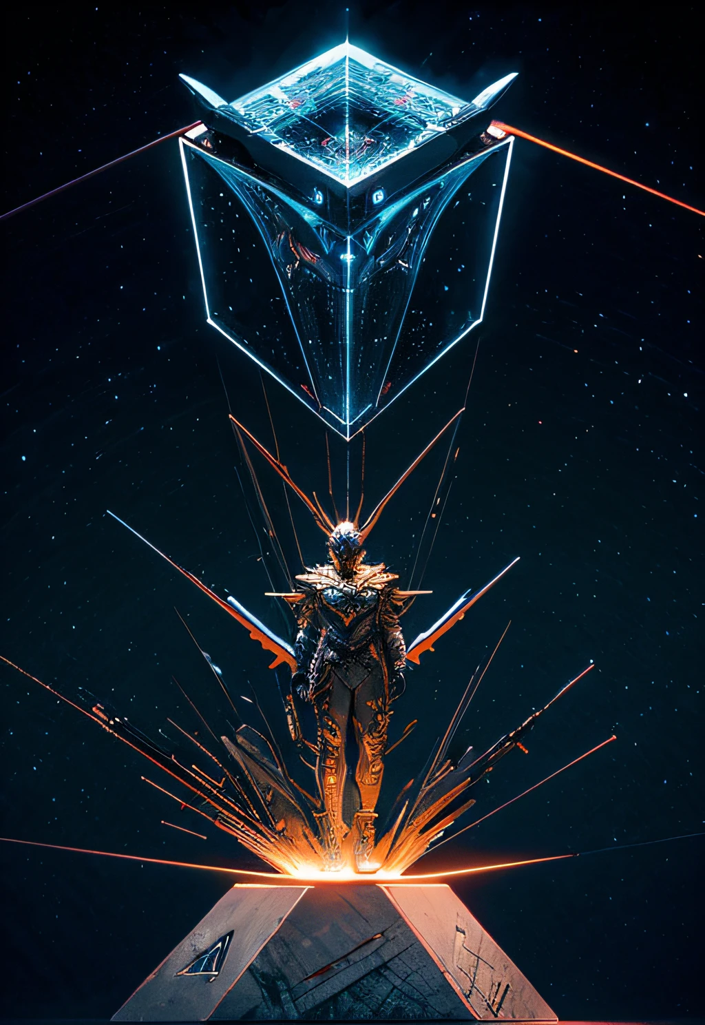 a man coming out of a spaceship like the one in Startrek, Black man. holding a mechanical pyramid with floating glowing cubes, the pyramid has some glowing lines. the cubes are radiating energy. the man is commanding the pyramid, the man is a scientist. illuminated face Hyper realistic, Photography, Picture of the week, RAW, beautiful, (finely detailed skin), African skin, pilot, standing next to a stargate, in red-blue-black futuristic uniform, Clouds in the background, lightning, extremely detailed,colorful,highest detailed, (dynamic pose), shiny skin, zentangle, flowers, abstract background,(masterpiece) (perfect proportion)(realistic photo)(best quality) (detailed) photographed on a Canon EOS R5, 50mm lens, F/2.8, HDR, (8k) (wallpaper) (cinematic lighting) (dramatic lighting) (sharp focus) (intricate)