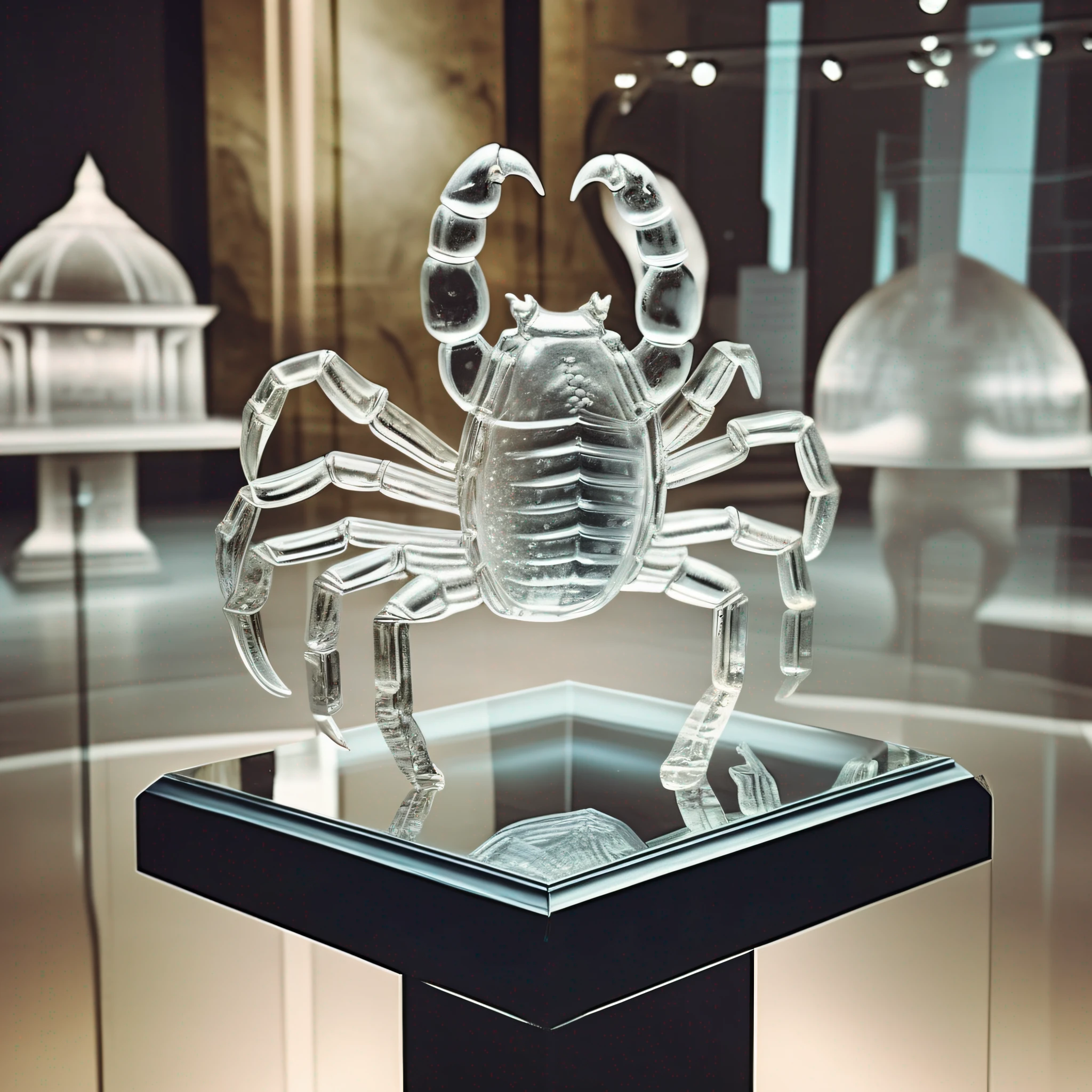 foto do instagram, Statue of a scorpion in transparent crystal, wide angle, hiper detalhado, olhos de cristal, Studio photo, feito de cristal transparente ornamentado, on an exhibition altar, fundo do museu