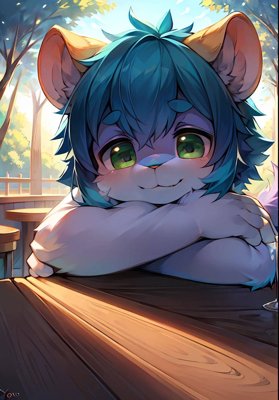 Bright environment,Summer Street,rays of sunshine,in a panoramic view,solo person,Character focus,shaggy,shaggy male,younge boy,(Hairy all over,Furry tail,Light purple fur,green-eyed,dark-blue hair,Dull hair,hyper cute face),(rodent,Drink yogurt,bareness)