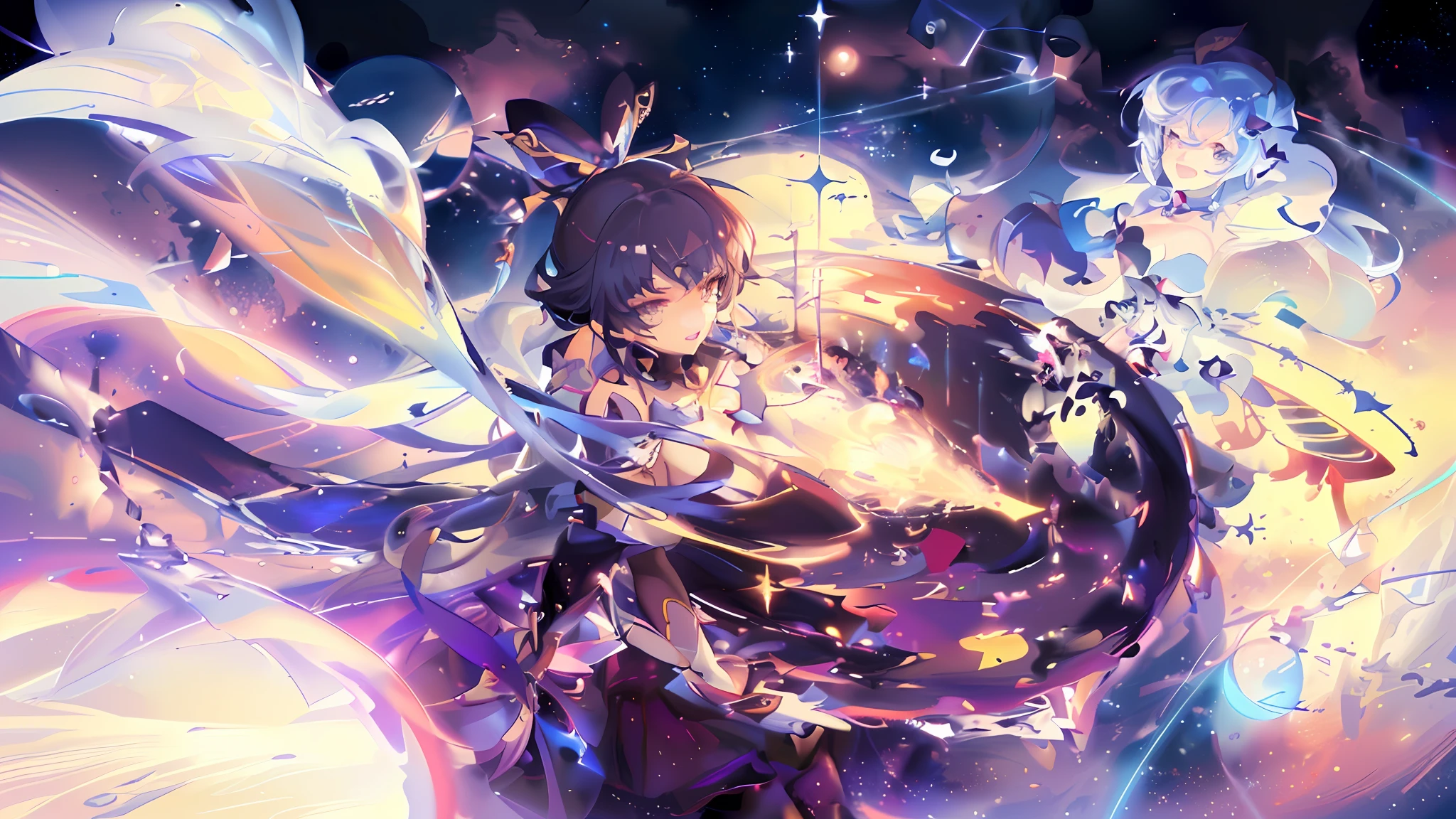 Anime characters in space set in planets, Best anime 4k konachan wallpaper, portrait of magical girl, anime girl with cosmic hair, alchemist girl, anime art nouveau cosmic display, magical girl anime mahou shojo, Anime fantasy illustration, zerochan art, Detailed key anime art, ethereal anime, Anime art wallpaper 8 K