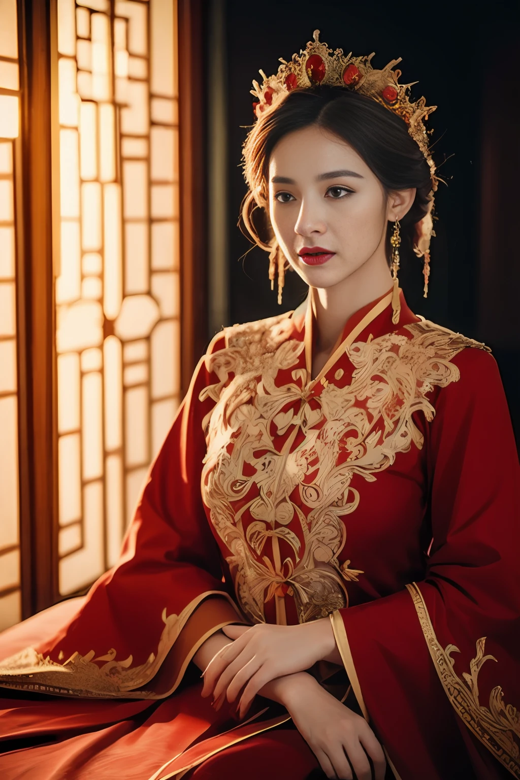 (ultra realistic 8k cg:1.2),Perfect artwork,Delicate pattern,intricately details, (Unbeatable masterpiece,Best quality:1.2),(extremly intricate:1.2),A woman in a red and gold dress, Phoenix crown,hair stick,(sitting on red bed),cosmetics,Blush,Shy,black_Hair, Looking down, cosmetics,(forehead dot),(2 red candles), Chinese_clothes, Curtains, Earrings, Hair_decorations, Hanfu, Indoors, jewelry, Red nails, Long_Sleeves, Red dress, Red lips, nipple tassels, (Red quilt),(red palace:1.2),(Ancient Chinese architecture),(Red:1.8),Night,cinmatic lighting,Dark,