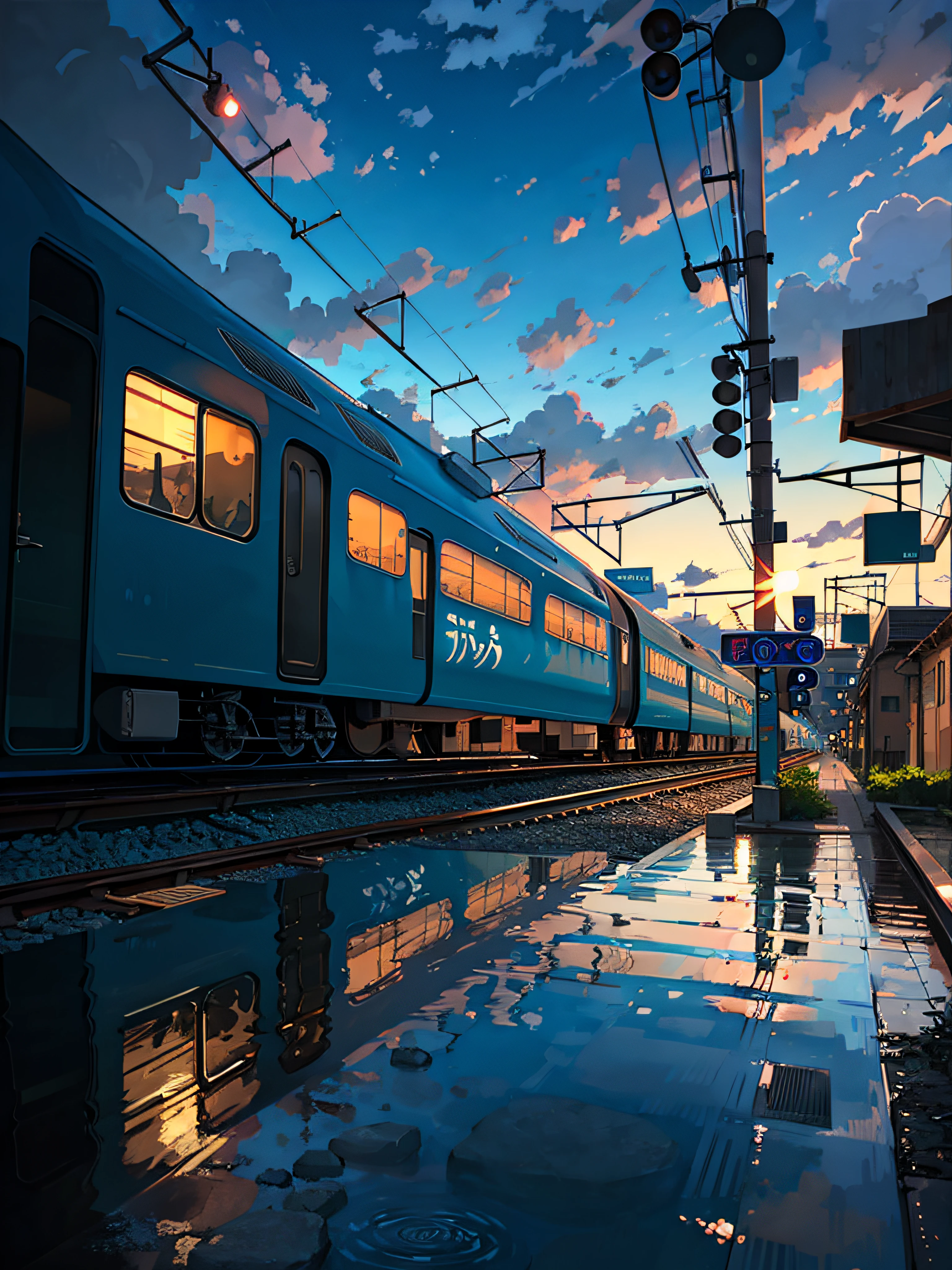 Masterpiece, anime train on tracks through a body of water, pink train. Romantic Train, Makoto Shinkai's picture, pixiv, concept art, lofi art style, reflection. by makoto shinkai, lofi art, beautiful anime scenes, anime scenery, detailed scenery—width 672, in style of makoto shinkai, style of makoto shinkai, details enhanced.