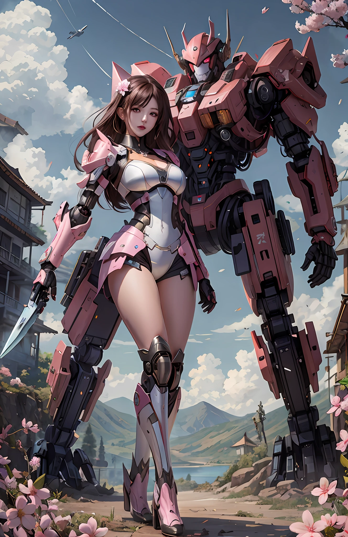 A live-action girl with a huge robot-like body and pink clothes,The facial expressions of the characters are real and soft, female mecha, mecha art, girl in mecha cyber armor, cool mecha style, mecha asthetic, cgsociety and fenghua zhong, ethereal and mecha theme, alena aenami and android jones, 2. 5 D CGI anime fantasy artwork, Mecha suit