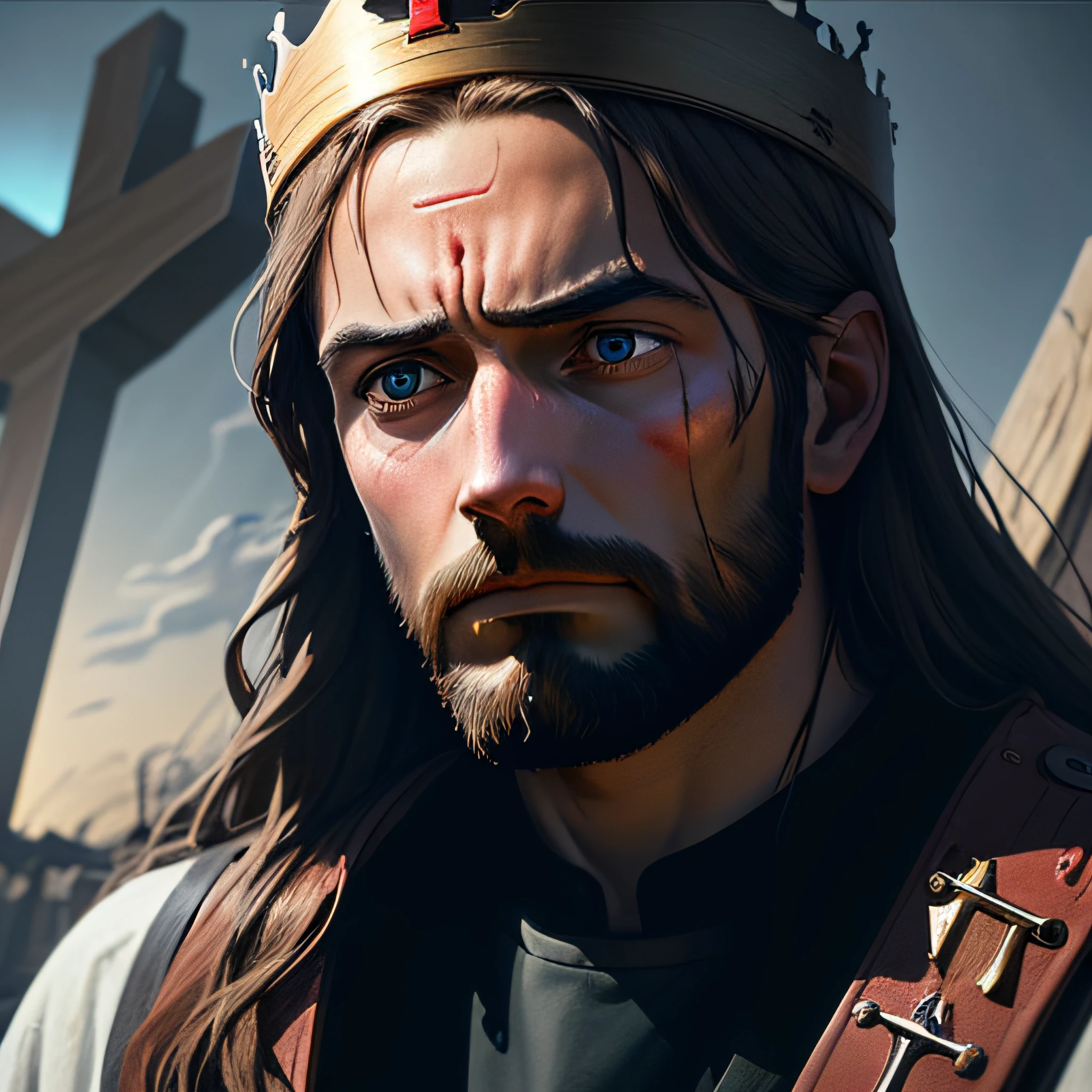 close-up,Jesus, warm light, a man with long brown hair and a beard, wearing a crown of thorns, bleeding from his forehead, looking at the sky with a pained expression, a wooden cross and a dark sky in the background, 8k, stained glass