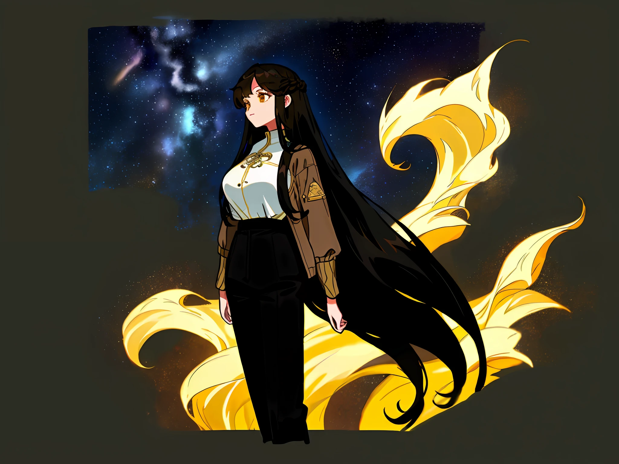 "(Best picture quality),illustration,one-girl,Character design board,Hairstyles:flowing long black hair,Gold eyes,enviroment/Background with:Starry sky at night,big breasts body:Tall,garments:Women's brown jacket,White color blouse,Loose black trousers,nature:Sassy,Dafang Confidence,simplebackground,