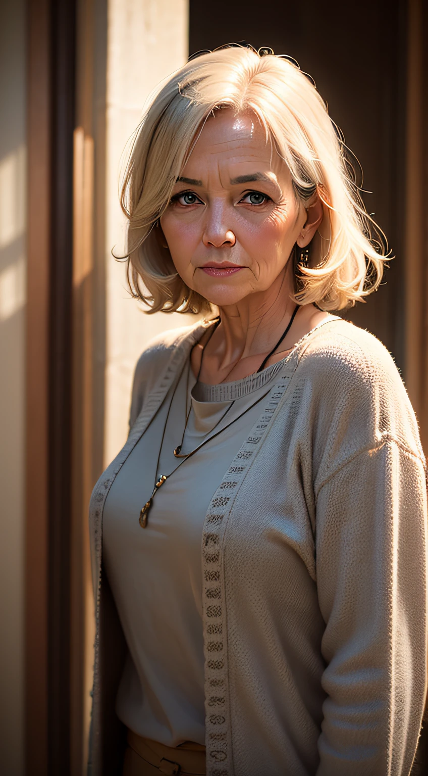 Photograph, portrait of middle-aged woman, realistic, natural light, muted colors, soft light, iso 400 --auto