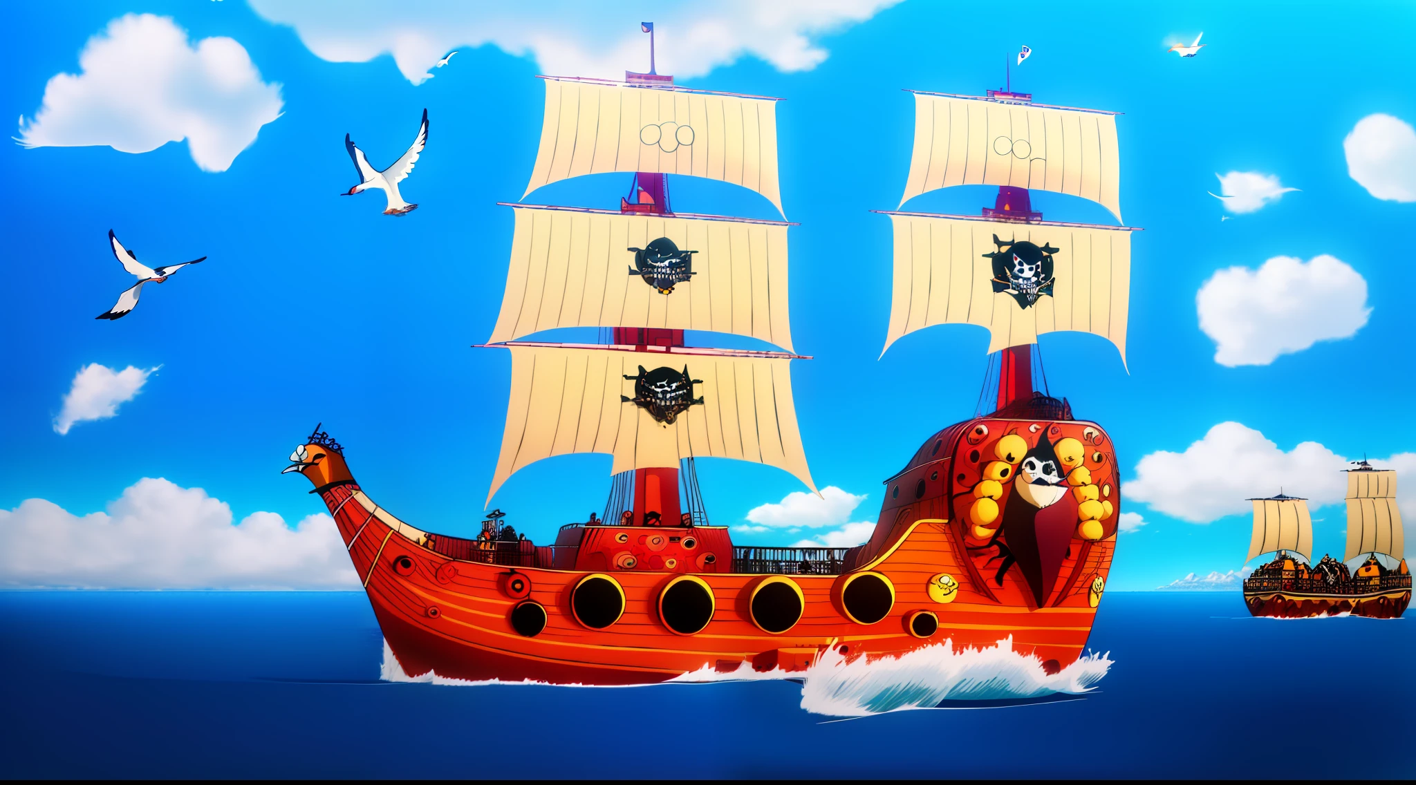 A pirate ship,On the calm sea,Driving,seagulls,blue-sky,Sunny background