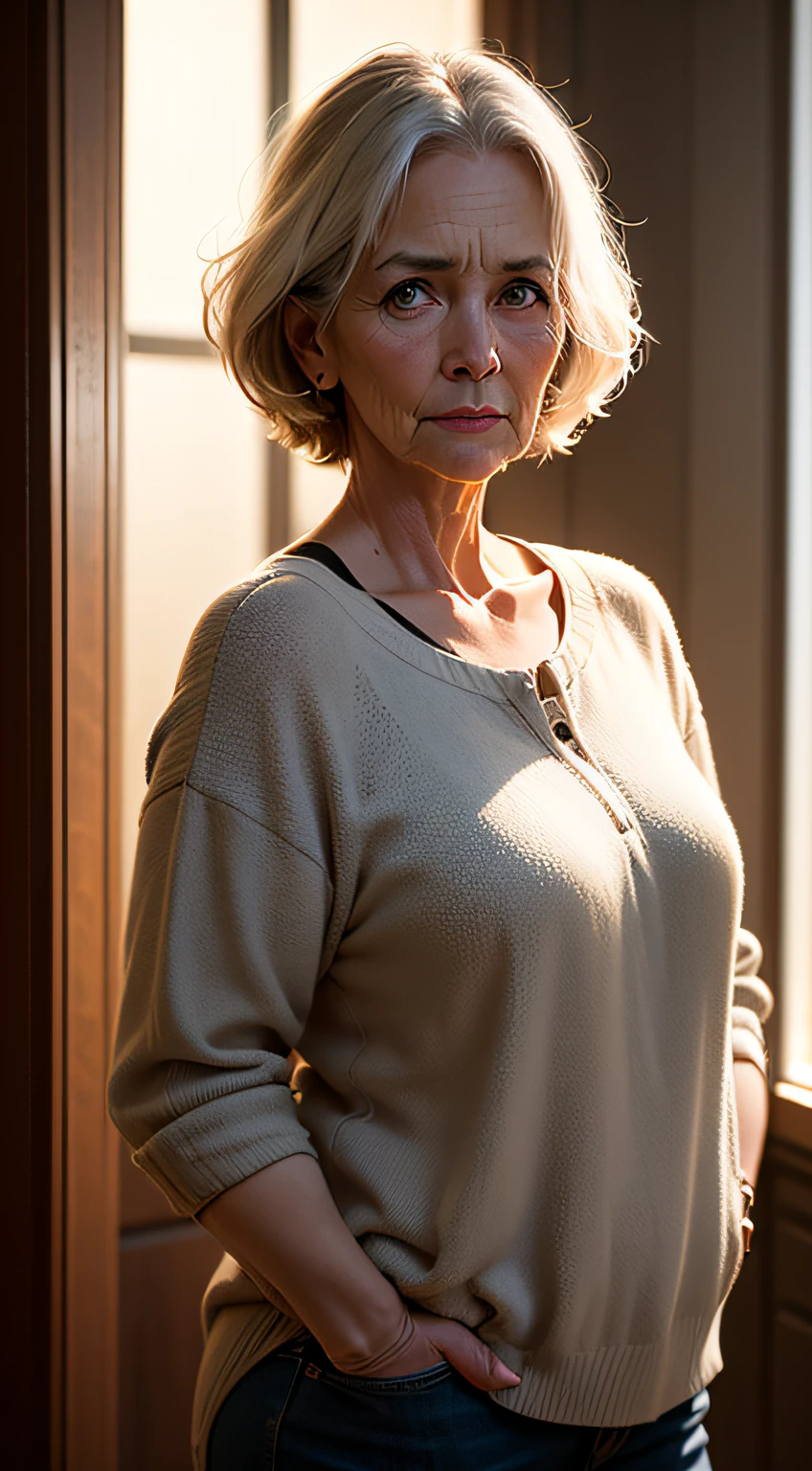 Photograph, portrait of middle-aged woman, realistic, natural light, muted colors, soft light, iso 400 --auto