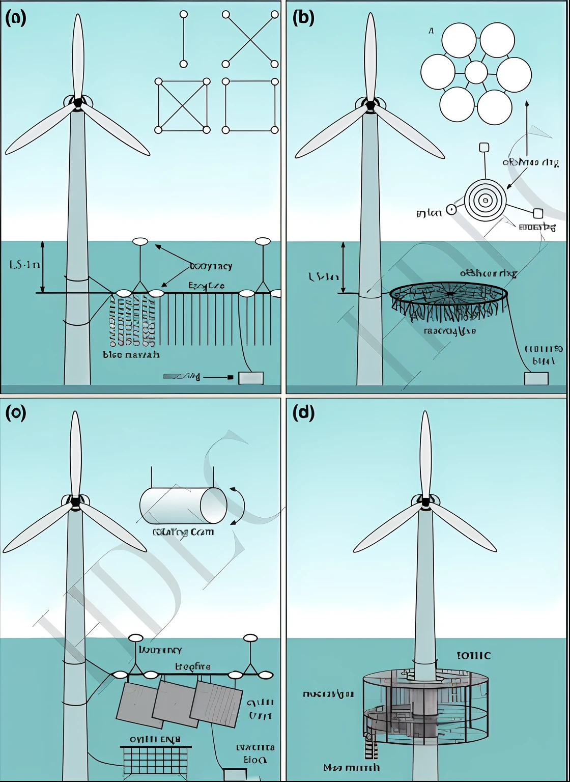 A series of images showing how wind turbines are used, turbines, detailed scientific diagram, scientific diagram, floating power cables, scientific depiction, conceito, scheme, Wind turbines, the photo shows a large, author：Robert Medley, Offshore wind, pictorial, renewable energy, Diagrams, Mechanical superstructure, author：a computer rendering by Scott M. Fischer, rendering, Scientific schematics, engineering diagram