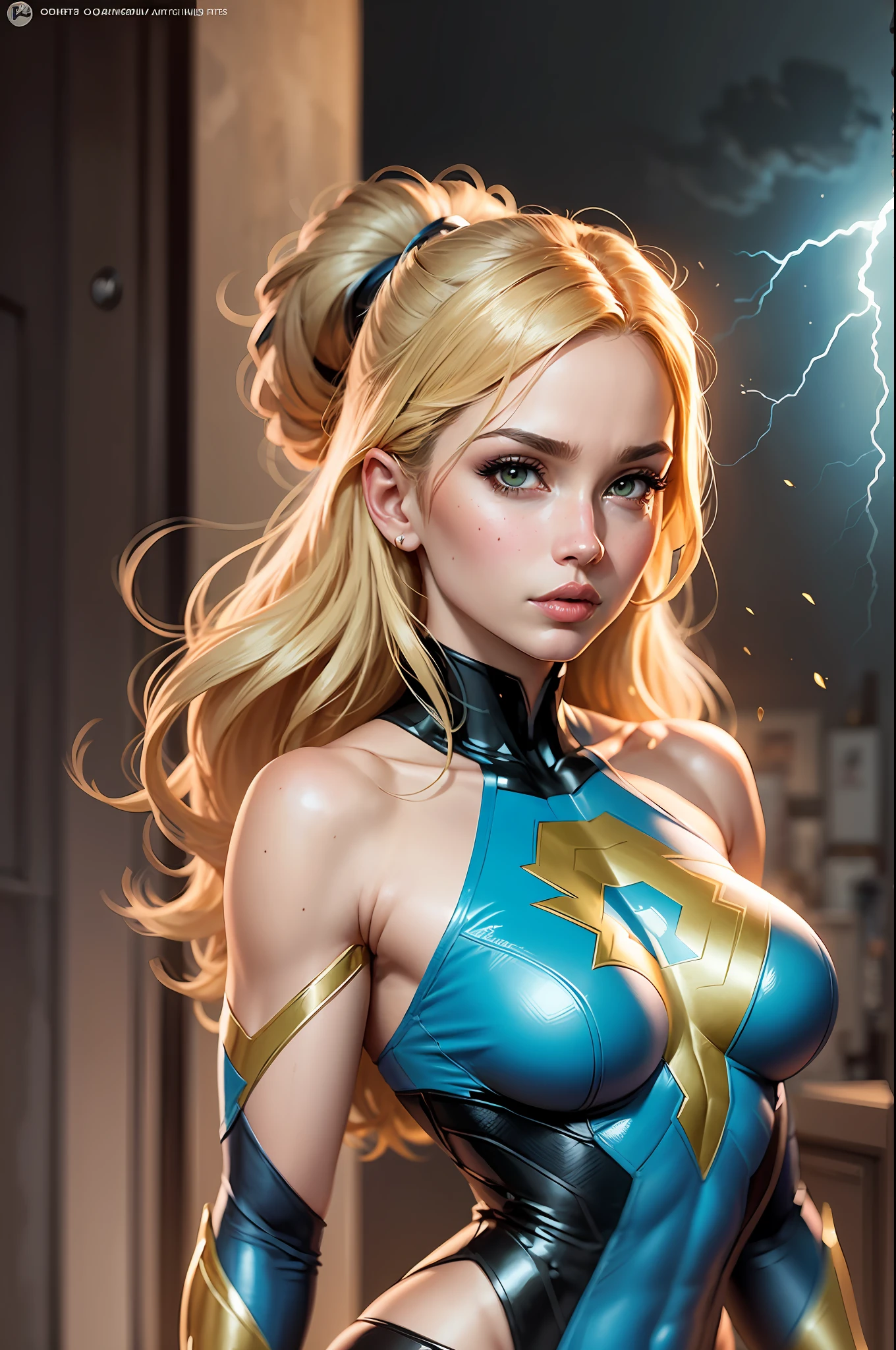 A superhero woman with lightning powers by Artgerm, Directed by: Ryan Stegman, Chris Moore. Artgerm, bela arte em quadrinhos de corpo inteiro, inspirado em Ryan Stegman, Fofosexyrobutts, Grandes Especialistas ,corpo perfeito, mulher loira, high quality colored sketch, No estilo da Marvel Comics, j. Scott Campbell, invisible woman, j. Scott Campbell, personagem de quadrinhos, arte em quadrinhos, arte estilo quadrinhos, uniform with lightning drawn black and yellow, (pronounce-pubic), ((Perna de cameLo: 3.1))