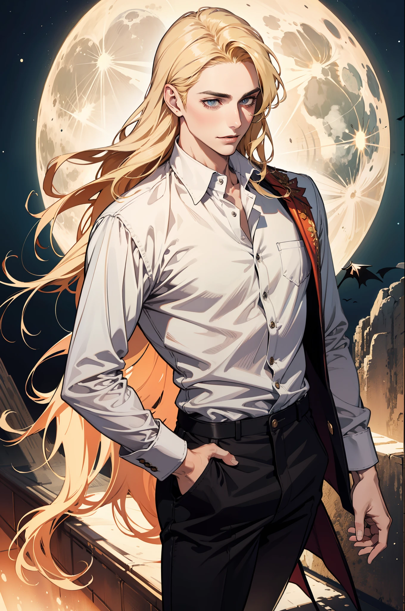 (absurdres, highres, ultra detailed), 1man, 30 years old man, adult man, handsome, tall,, finely detailed eyes and detailed face, leather pants, (((white shirt))), night, smile, dutch angle, ((long hair, blonde hair)), moon, gold details, gothic, vampire, vampire prince, dark, simple clothes, looking at the view, pale skin, red detailed eyes, (masculine), sexy, elegant, long bangs, detailed hands