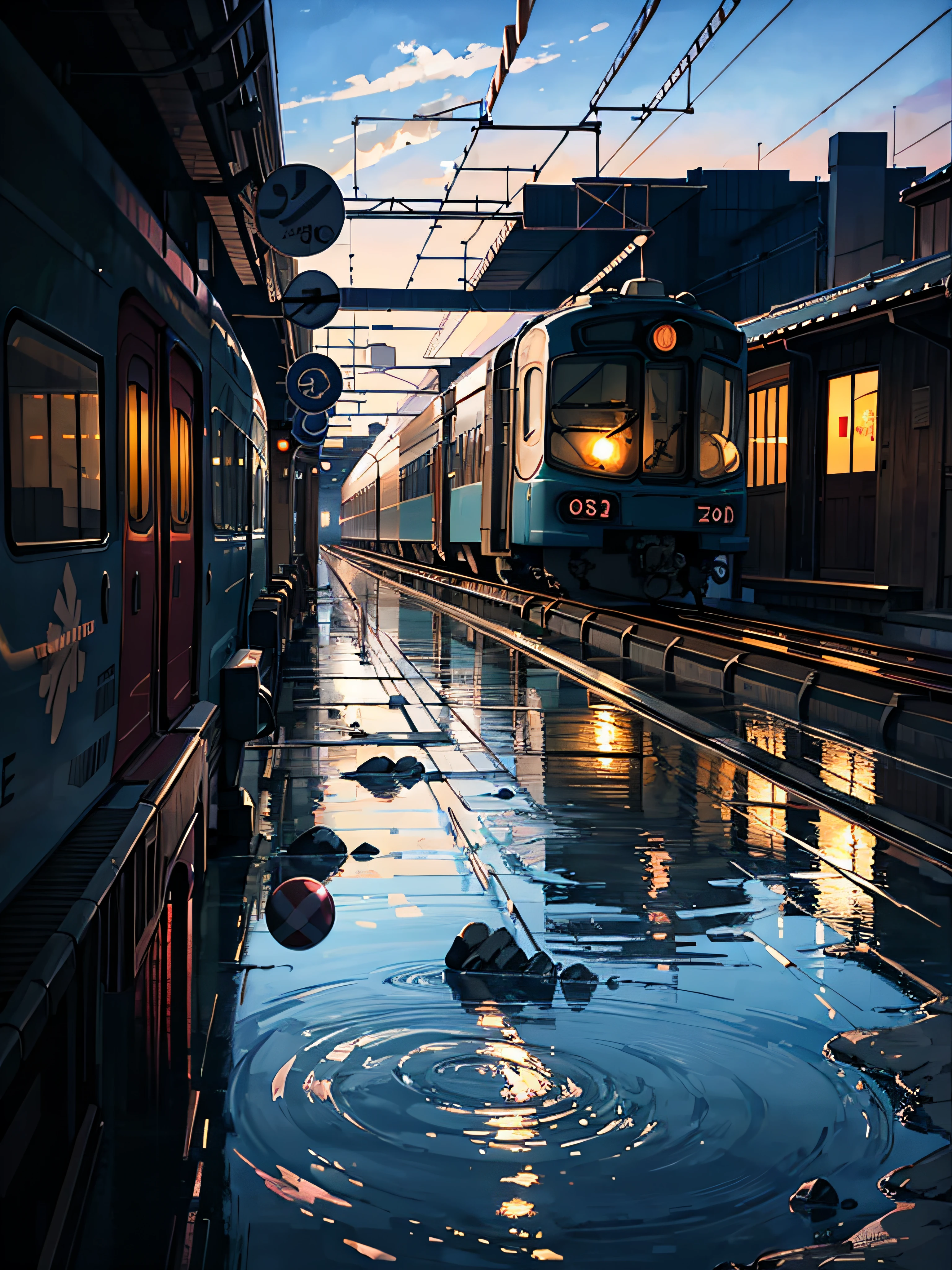 Masterpiece, anime train on tracks through a body of water, pink train. Romantic Train, Makoto Shinkai's picture, pixiv, concept art, lofi art style, reflection. by makoto shinkai, lofi art, beautiful anime scenes, anime scenery, detailed scenery—width 672, in style of makoto shinkai, style of makoto shinkai, details enhanced.