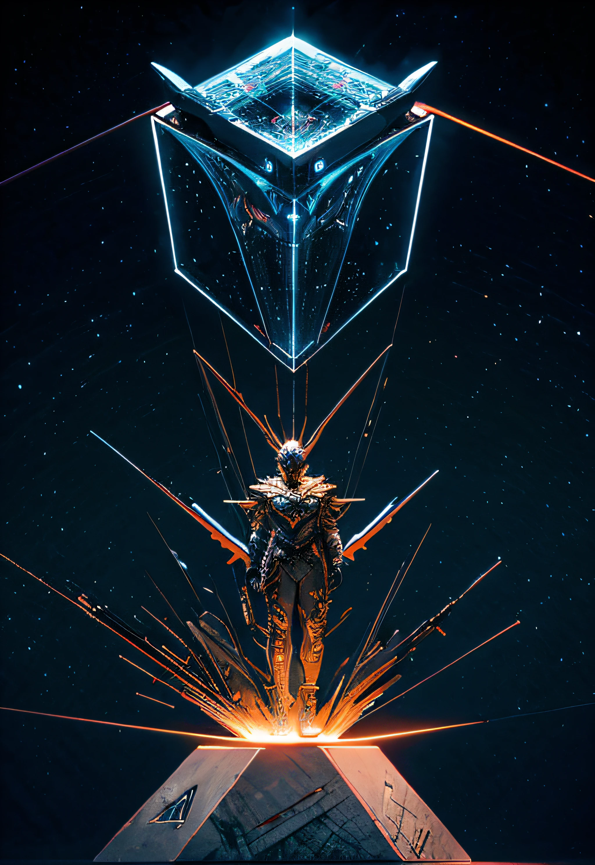 a man coming out of a spaceship like the one in Startrek, Black man. holding a mechanical pyramid with floating glowing cubes, the pyramid has some glowing lines. the cubes are radiating energy. the man is commanding the pyramid, the man is a scientist. illuminated face Hyper realistic, Photography, Picture of the week, RAW, beautiful, (finely detailed skin), African skin, pilot, standing next to a stargate, in red-blue-black futuristic uniform, Clouds in the background, lightning, extremely detailed,colorful,highest detailed, (dynamic pose), shiny skin, zentangle, flowers, abstract background,(masterpiece) (perfect proportion)(realistic photo)(best quality) (detailed) photographed on a Canon EOS R5, 50mm lens, F/2.8, HDR, (8k) (wallpaper) (cinematic lighting) (dramatic lighting) (sharp focus) (intricate)