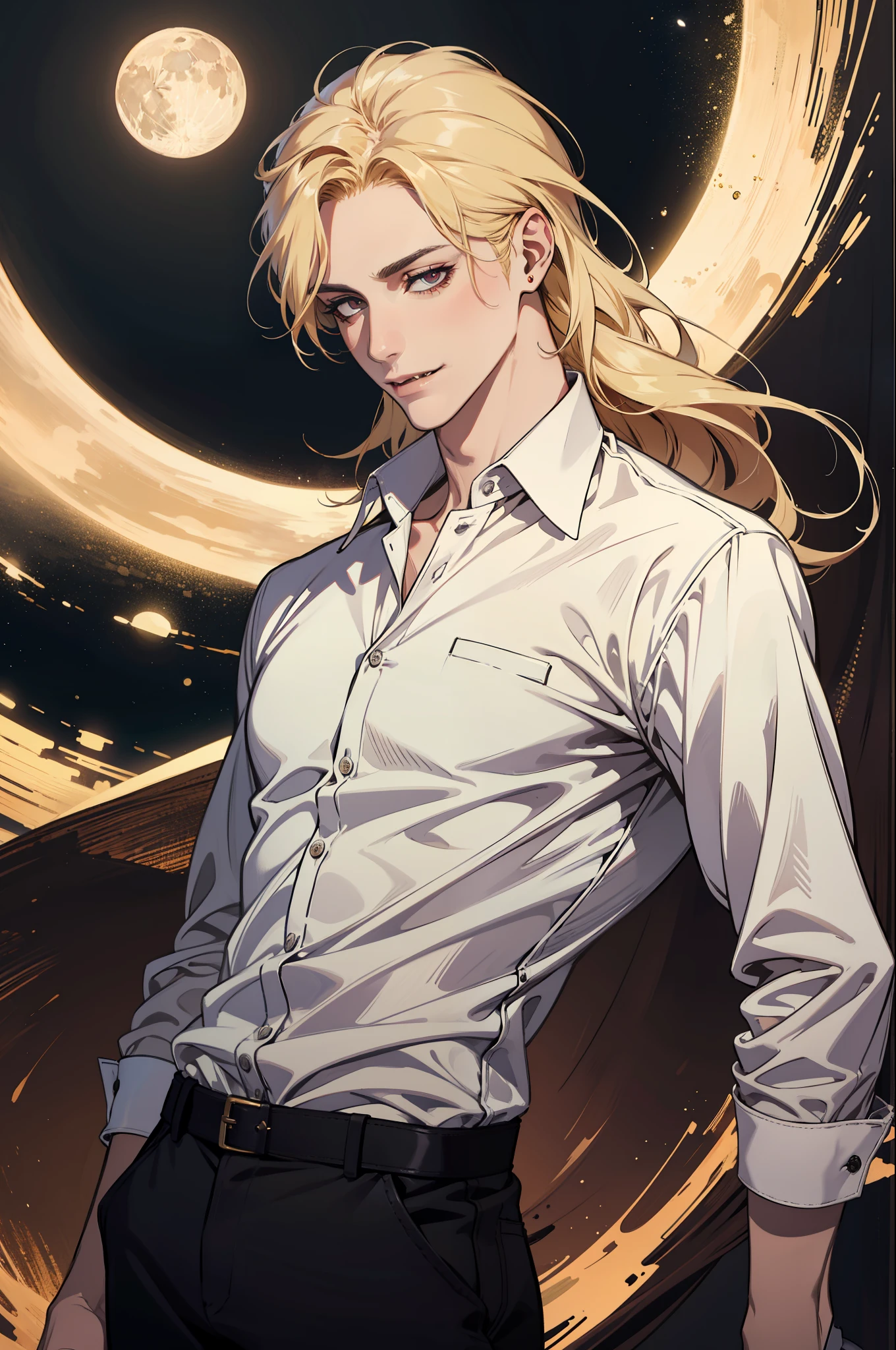 (absurdres, highres, ultra detailed), 1man, 30 years old man, adult man, handsome, tall,, finely detailed eyes and detailed face, leather pants, (((white shirt))), night, smile, dutch angle, ((long hair, blonde hair)), moon, gold details, gothic, vampire, vampire prince, dark, simple clothes, looking at the view, pale skin, red detailed eyes, (masculine), sexy, elegant, long bangs, detailed hands