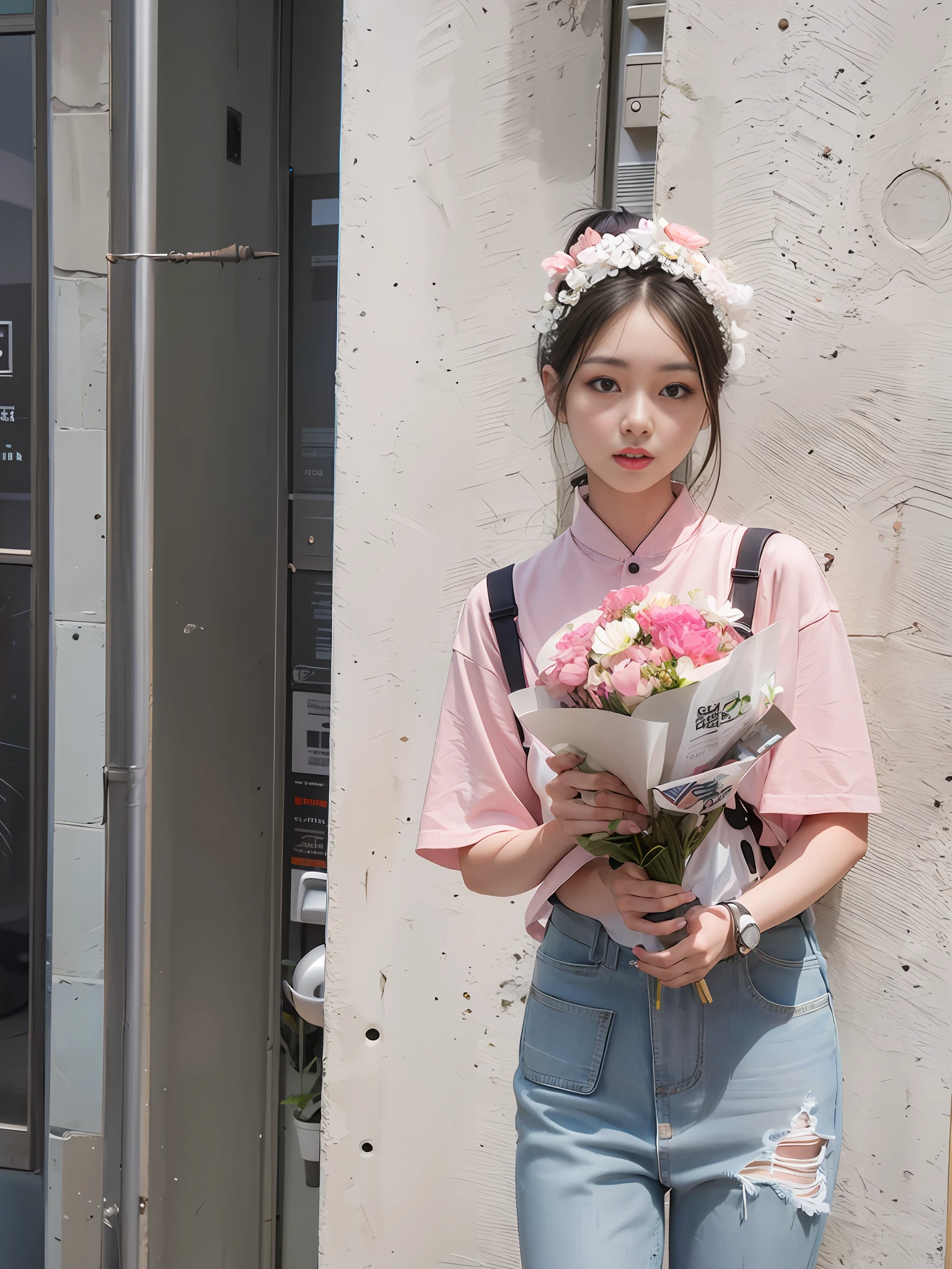 Outside the building,There was a woman holding a bouquet of flowers, lofi-girl, With flowers, Korean girl, carrying flowers, ulzzangs, Shin Jinying, Choi Hyun-hwa, She is seen wearing streetwear pieces, Guviz, Korean woman, Gorgeous young Korean woman, Beautiful young Korean woman, chiho, lofi, bae suzy