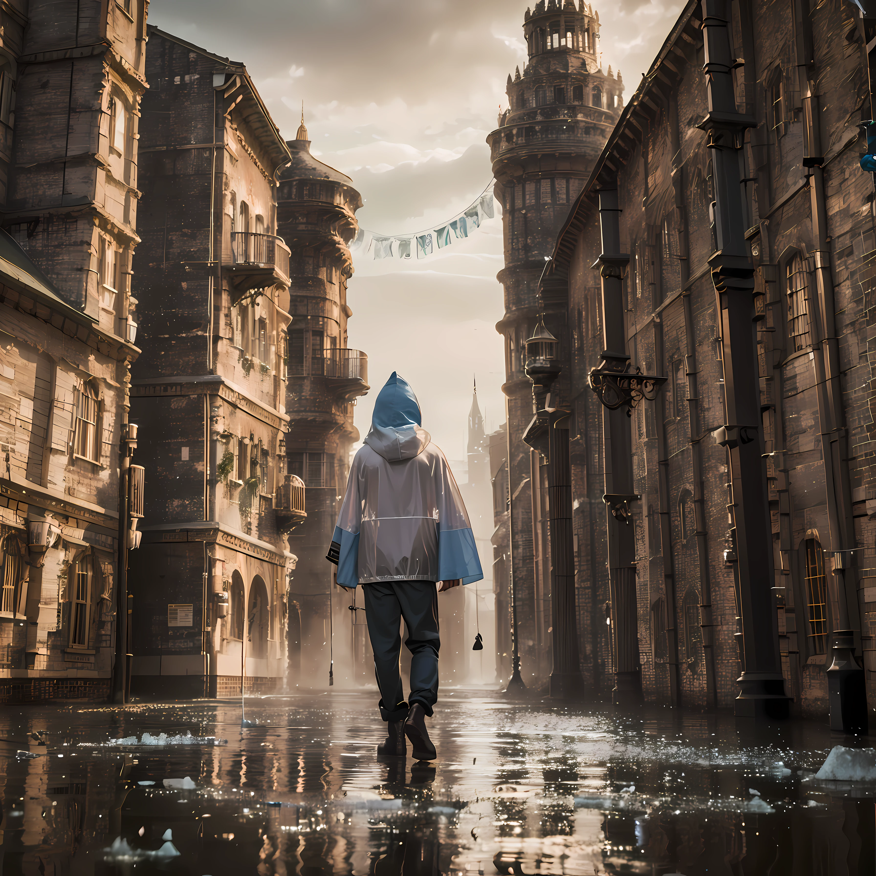 A ager with black and messy hair,Wearing a long white reflective hooded cape,Slender body,Very high,baggy pants,bound legs,Brown boots,Walk in stagnant water。 Multicolored light,Colorful signage,Deep blue night,little bit of raining,Falling feathers,cyber punk style,It is surrounded by high-rise icy buildings,Messy poles and wires