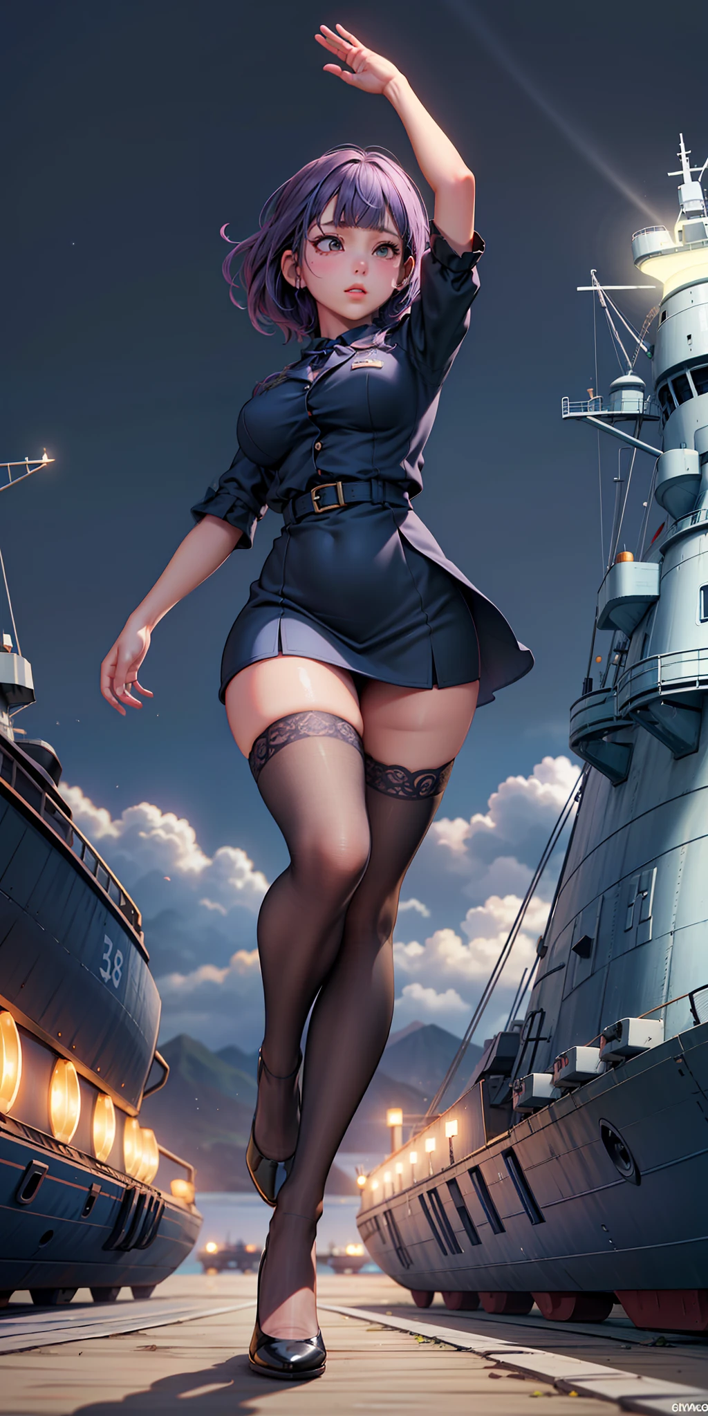 1个Giant Breast Girl，Purple colored hair，Long flowing hair，Qi bangs，Delicate and beautiful face，crisp breasts，Convex buttocks，Wearing a dark blue military uniform，Black tight short sleeves，dark blue short dress，black suspenders stockings，Dark blue sleeves，Dark blue high heels，beachside，Bald Eagle，Naval warships，American flag，perfectly proportioned, Cinematic lighting, filmgrain, Fuji colors, lightand shade contrast, 8K, 巨作, Textured skin, Super detail, high detal, High quality, A high resolution,