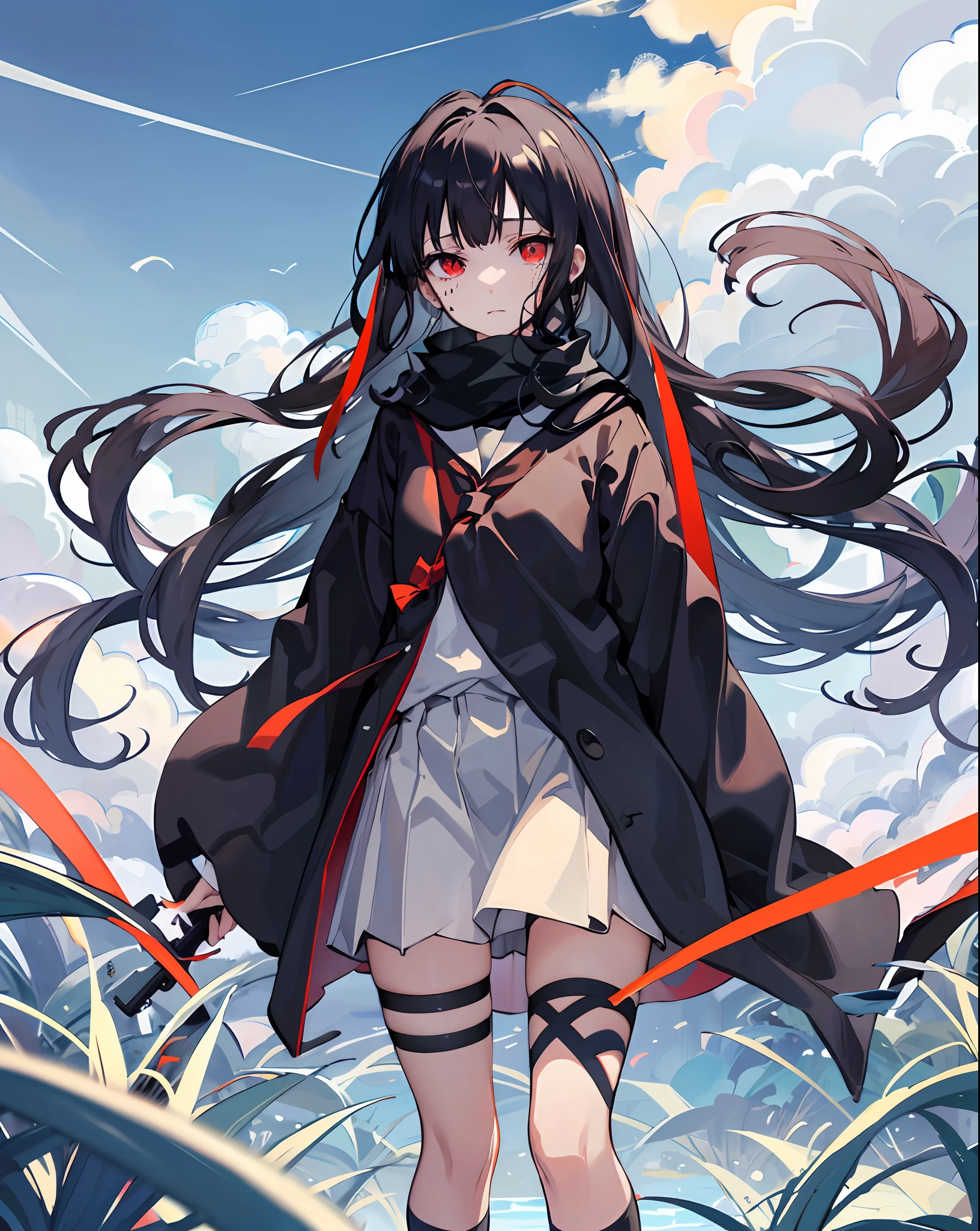 1girl,solo,standing, azami\(kagerou project\), scales,(((school uniform))), Flat milk, apathy, speed heart, garden,outdoors, cowboy shot, ((arms at sides)), Long gun grab,Black long straight,red - eyed,The eyes are dull