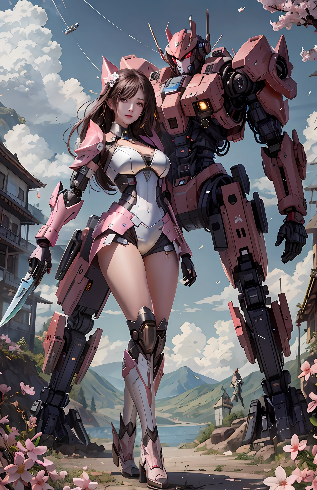 A live-action girl with a huge robot-like body and pink clothes,The facial expressions of the characters are real and soft, female mecha, mecha art, girl in mecha cyber armor, cool mecha style, mecha asthetic, cgsociety and fenghua zhong, ethereal and mecha theme, alena aenami and android jones, 2. 5 D CGI anime fantasy artwork, Mecha suit