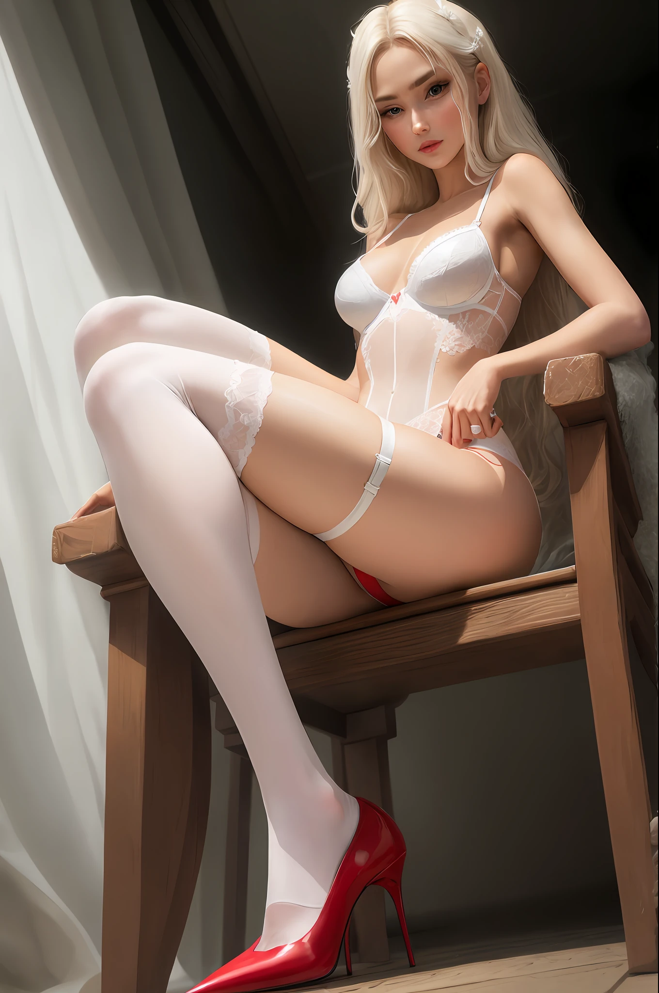 seductiv,White short stockings,White beauty,red high heel pumps,Erotic lingerie,slenderlegs,