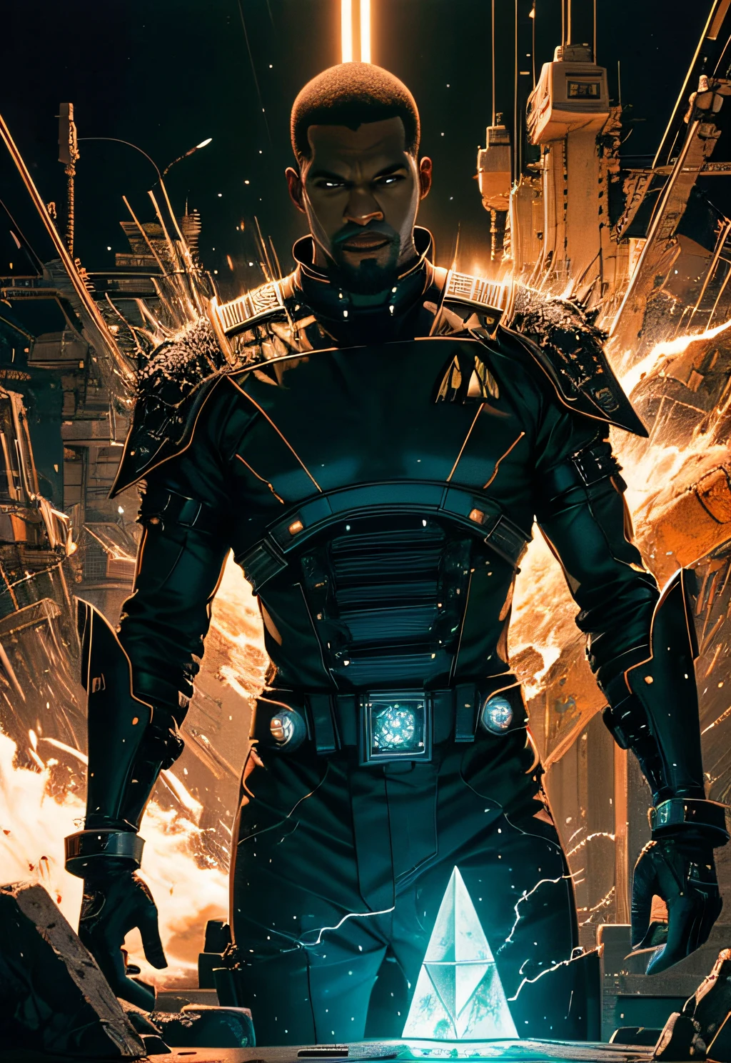 a man coming out of a spaceship like the one in Startrek, Black man. holding a mechanical pyramid with floating glowing cubes, the pyramid has some glowing lines. the cubes are radiating energy. the man is commanding the pyramid, the man is a scientist. illuminated face Hyper realistic, Photography, Picture of the week, RAW, beautiful, (finely detailed skin), African skin, pilot, standing next to a stargate, in red-blue-black futuristic uniform, Clouds in the background, lightning, extremely detailed,colorful,highest detailed, (dynamic pose), shiny skin, zentangle, flowers, abstract background,(masterpiece) (perfect proportion)(realistic photo)(best quality) (detailed) photographed on a Canon EOS R5, 50mm lens, F/2.8, HDR, (8k) (wallpaper) (cinematic lighting) (dramatic lighting) (sharp focus) (intricate)