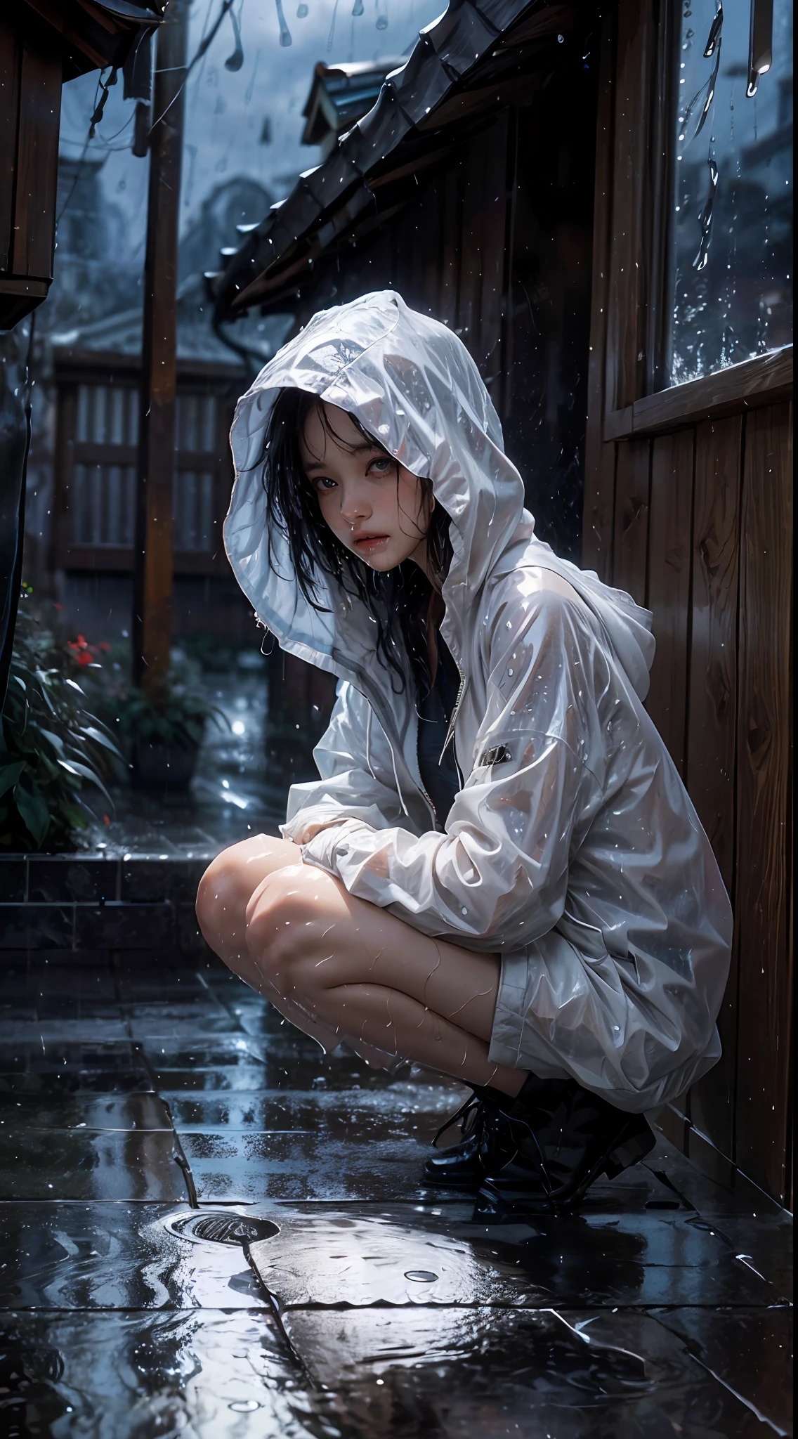 (Masterpiece:1.2, Best Quality), (real picture, intricate details), (night time, Dark, downpour:1.4)
There was no one in the alley, and the surroundings were silent, Only raindrops splashed on the tiled eaves of the low houses, near and far;, making a slight rustling sound. In the cold rain, (1girl, wet hooded jacket, Sad, Perfect eyes:1.2) SQUATTING on the ground,