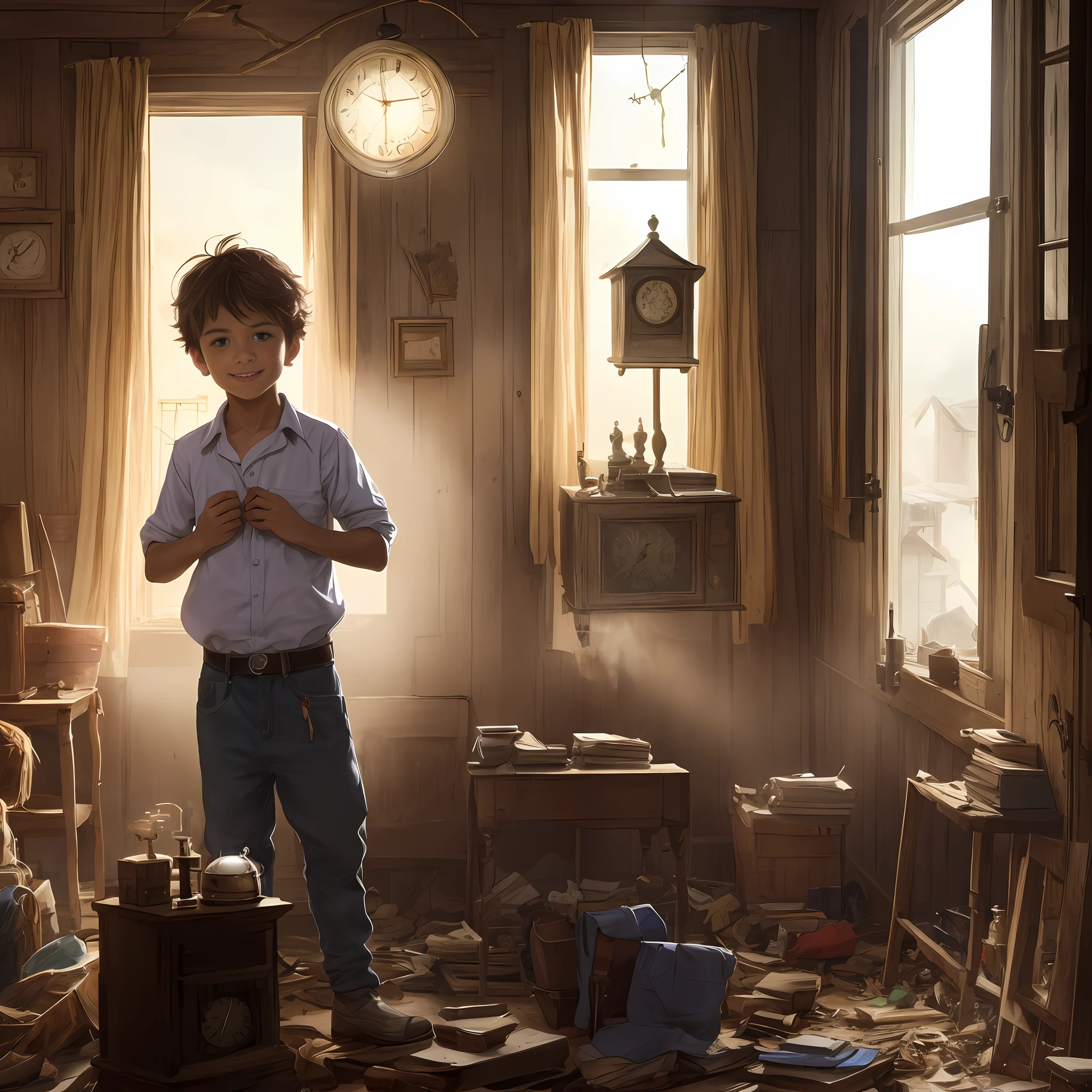 Desenhe Pedro, um menino curioso, 6 anos de idade, messy hair, his eyes sparkling with excitement, while opening the old chest in the attic of his house. A luz do sol entra pelas frestas, illuminating the dusty environment and revealing the glowing clock inside the chest. --auto