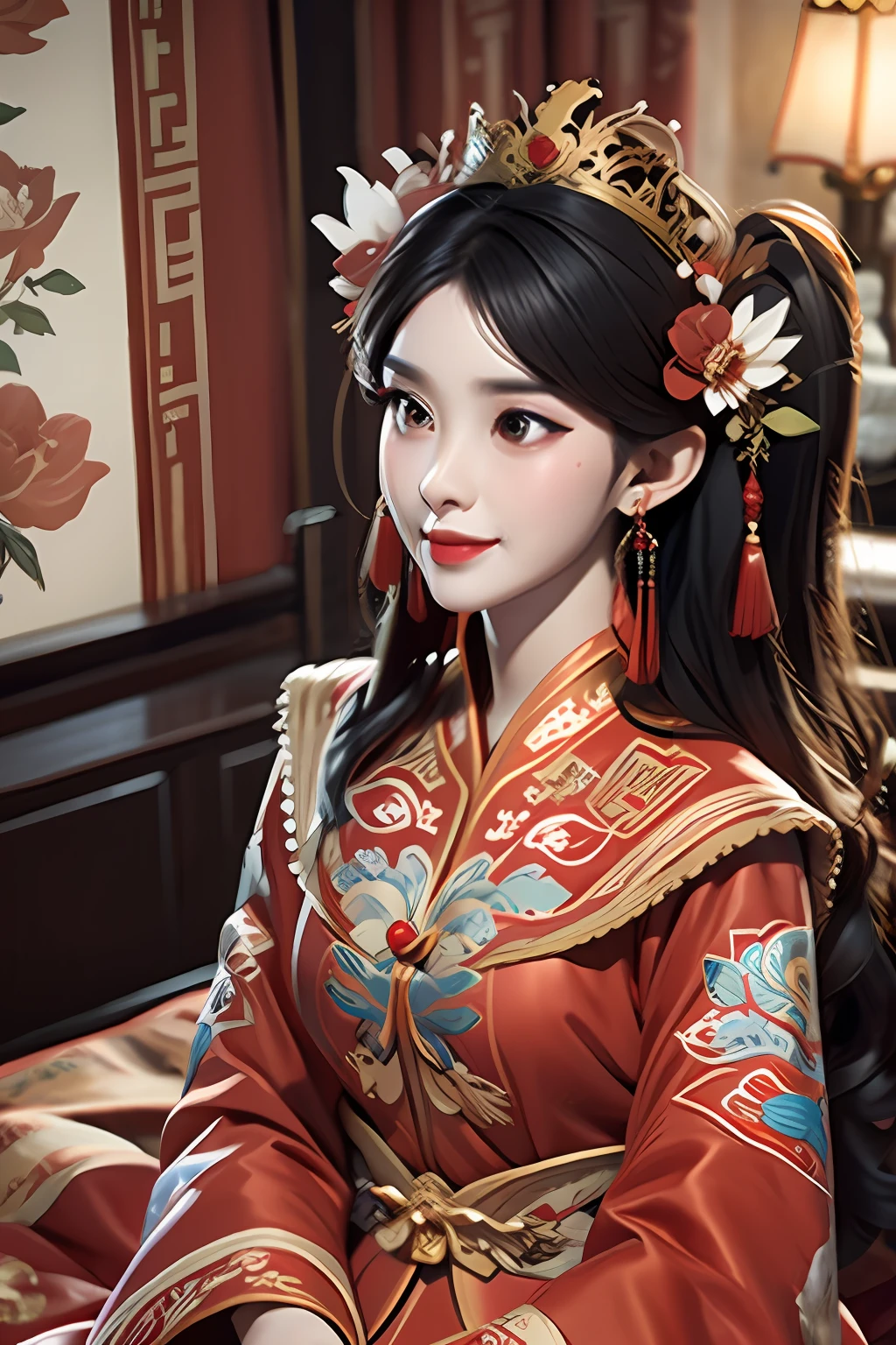 (Best quality: 1.1), (Realistic: 1.1), (Photography: 1.1), (Height detail: 1.1), A woman in a red and gold dress with a tiara on her head, a hair stick, (sitting on a red bed), blushing, shy, black_hair, crown, looking down, (2 red candles), Chinese_clothes, curtains, earrings, hair_ornament, hanfu, interior, jewelry, long_sleeves, red dress, Red Lip, Tassel, (Red Quilt), (Red Palace: 1.2), (3DMM: 1.5),mix4,